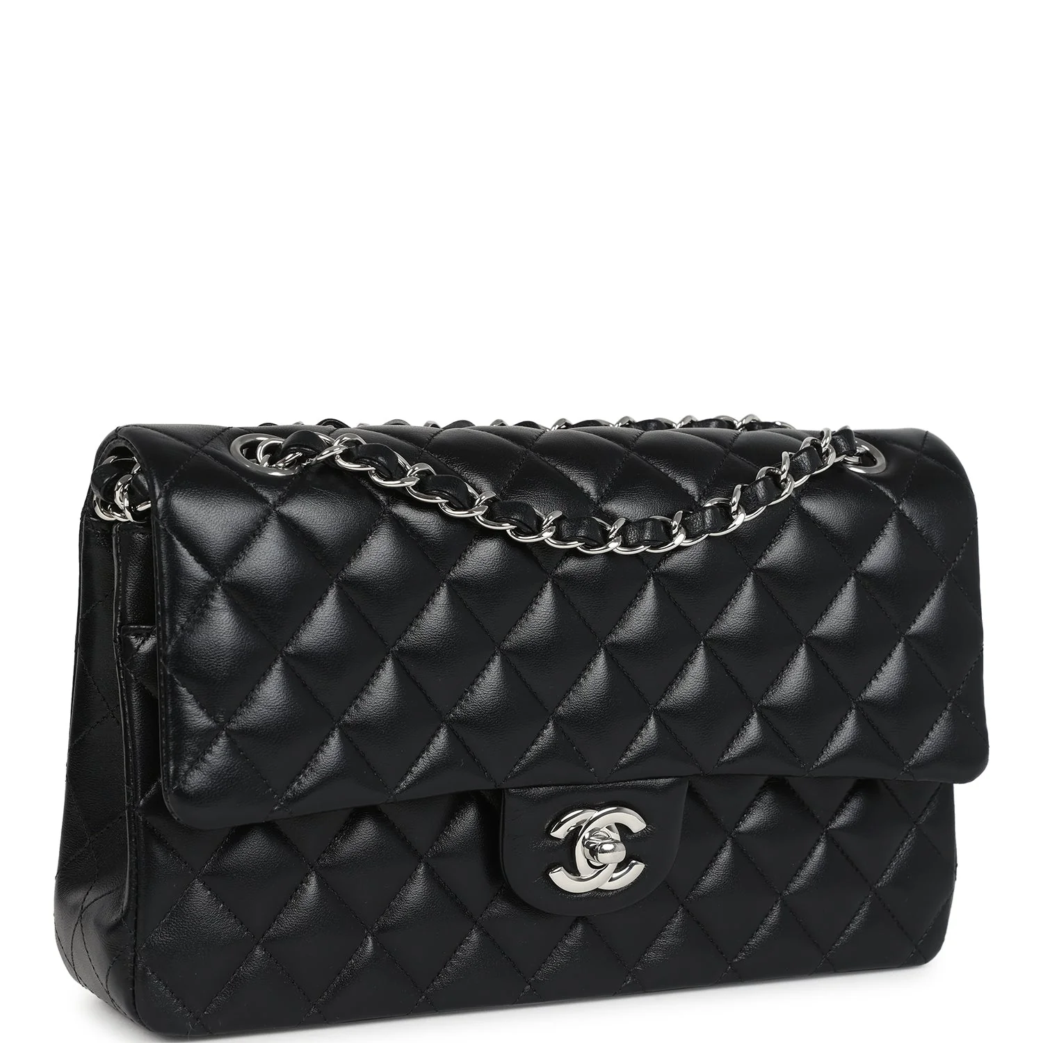 Pre-owned Chanel Medium Classic Double Flap Bag Black Lambskin Silver Hardware