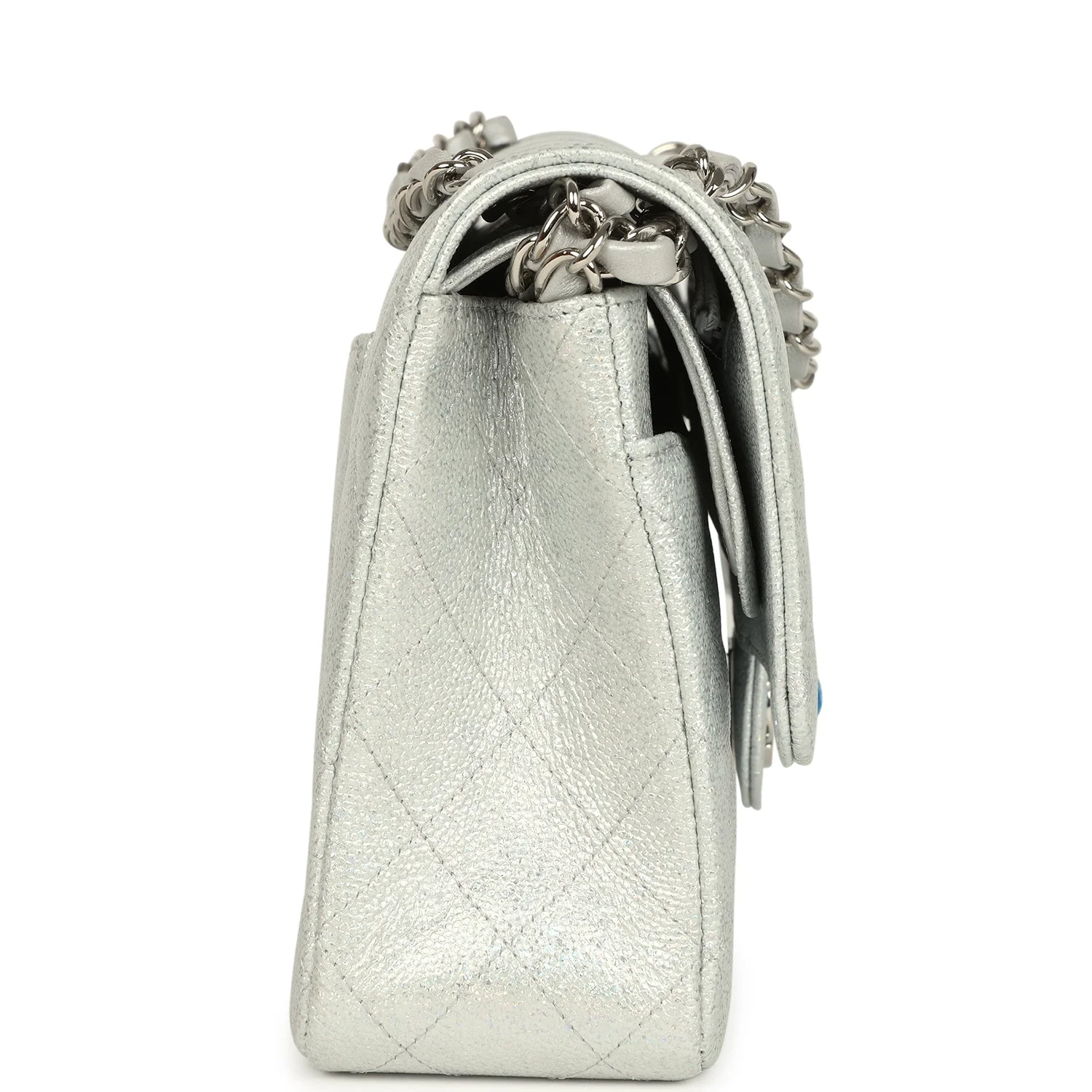 Chanel Medium Classic Double Flap Silver Glitter Caviar Silver Hardware