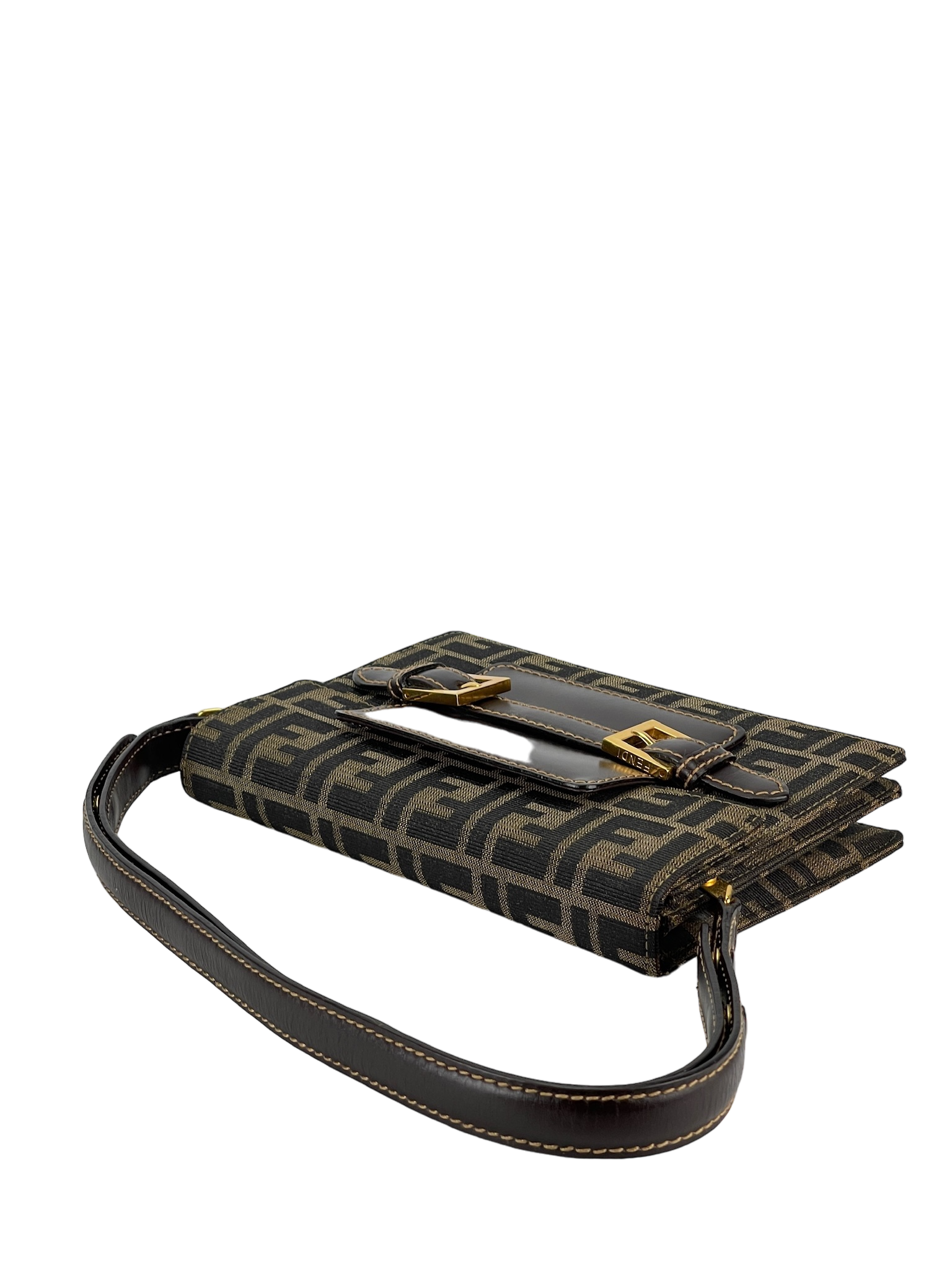 FENDI - Brown Zucca Belt Motif Shoulder Bag