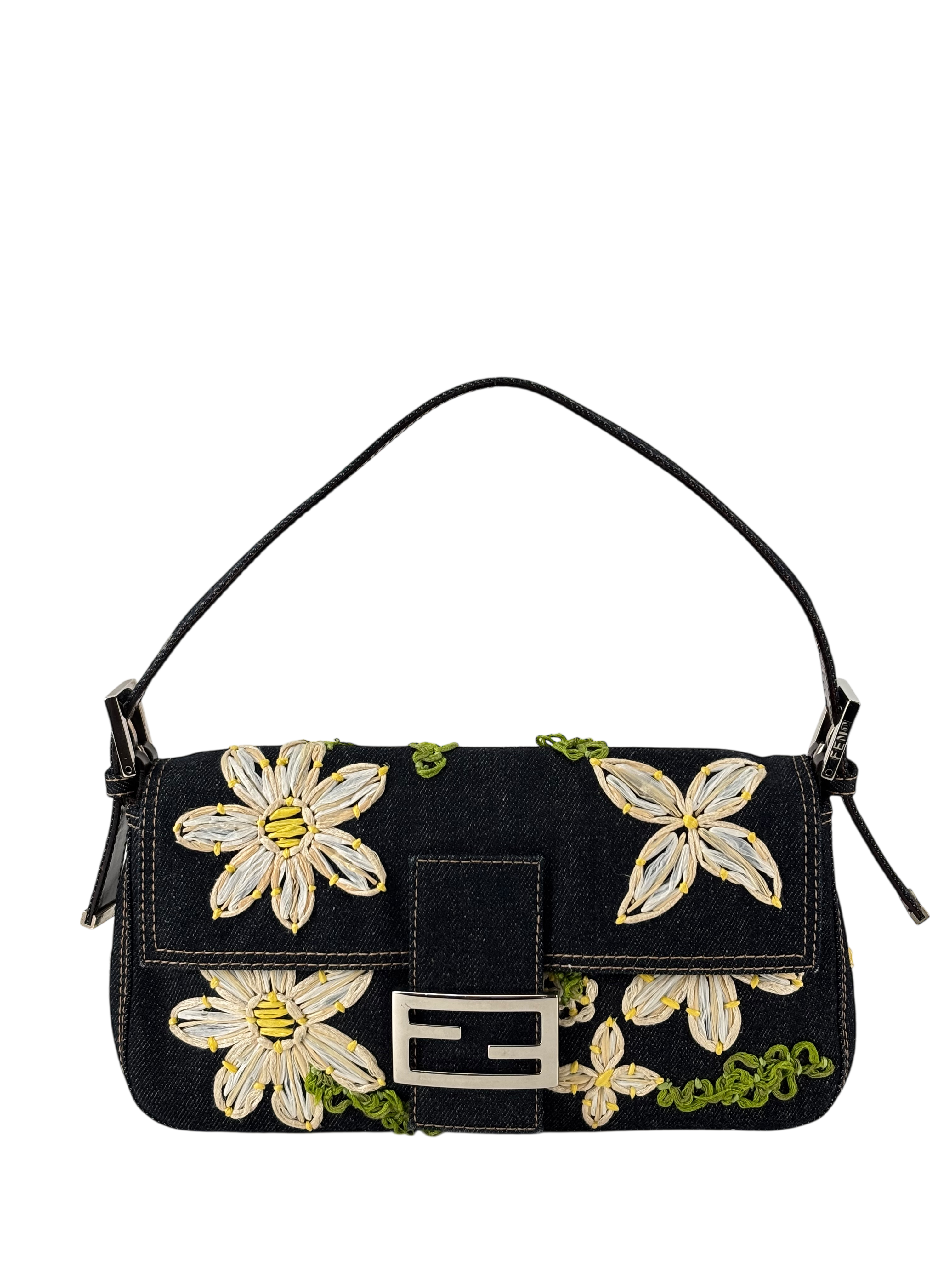 FENDI - Small Baguette Bag Denim Flower Navy