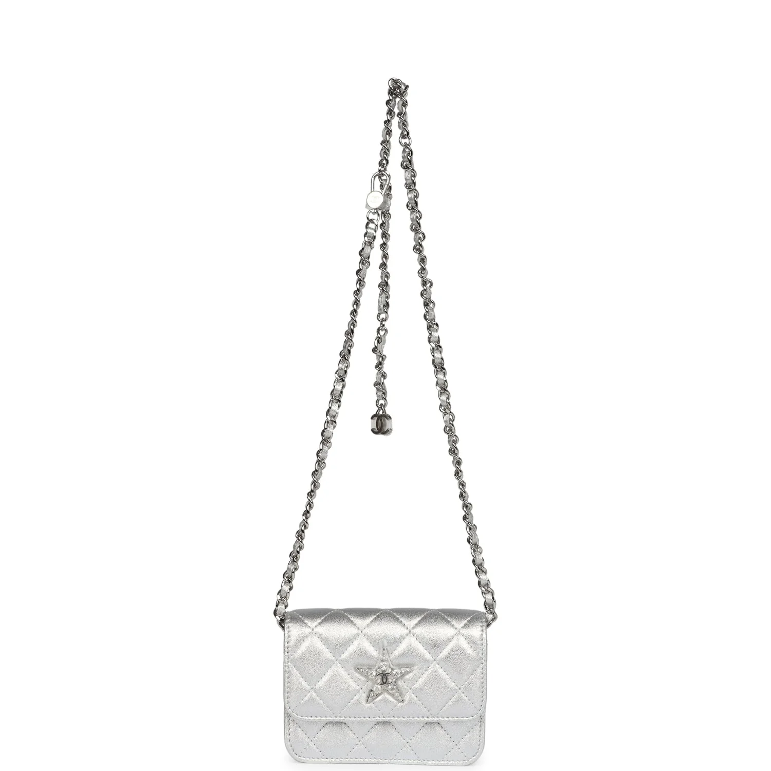 Chanel Crystal CC Walk Of Fame Clutch on Chain Silver Metallic Goatskin Silver Hardware