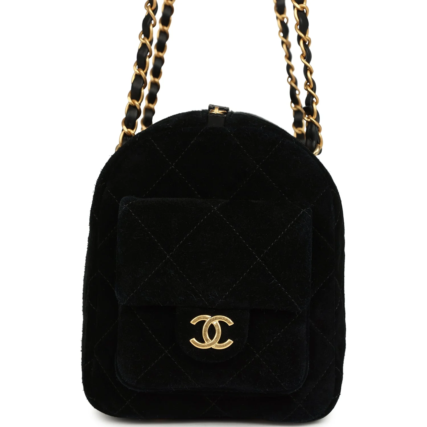 Chanel Small Bowling Bag Black Suede Antique Gold Hardware