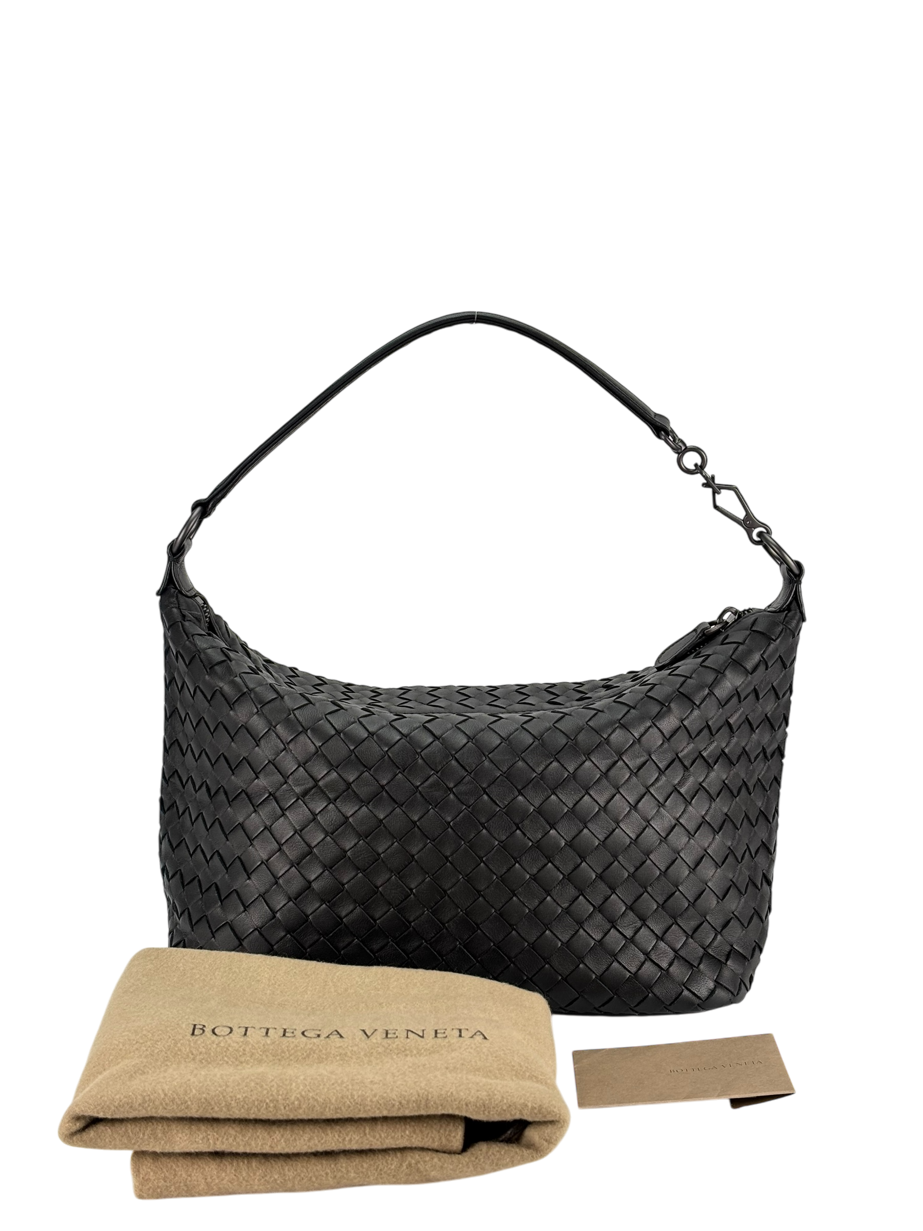 BOTTEGA VENETA - Black Lambskin Hobo Intrecciato Nappa