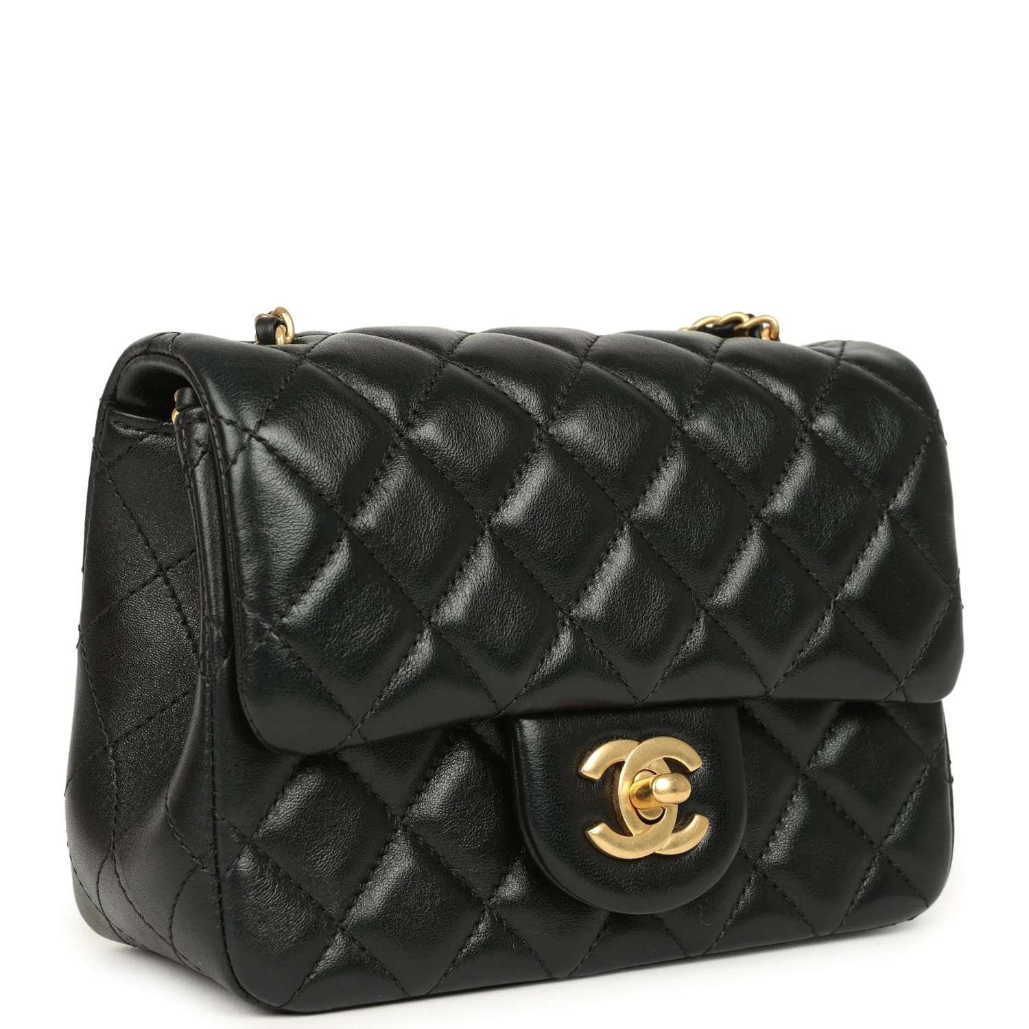 Chanel Mini Pearl Crush Square Flap Bag Black Shiny Lambskin Brushed Gold Hardware
