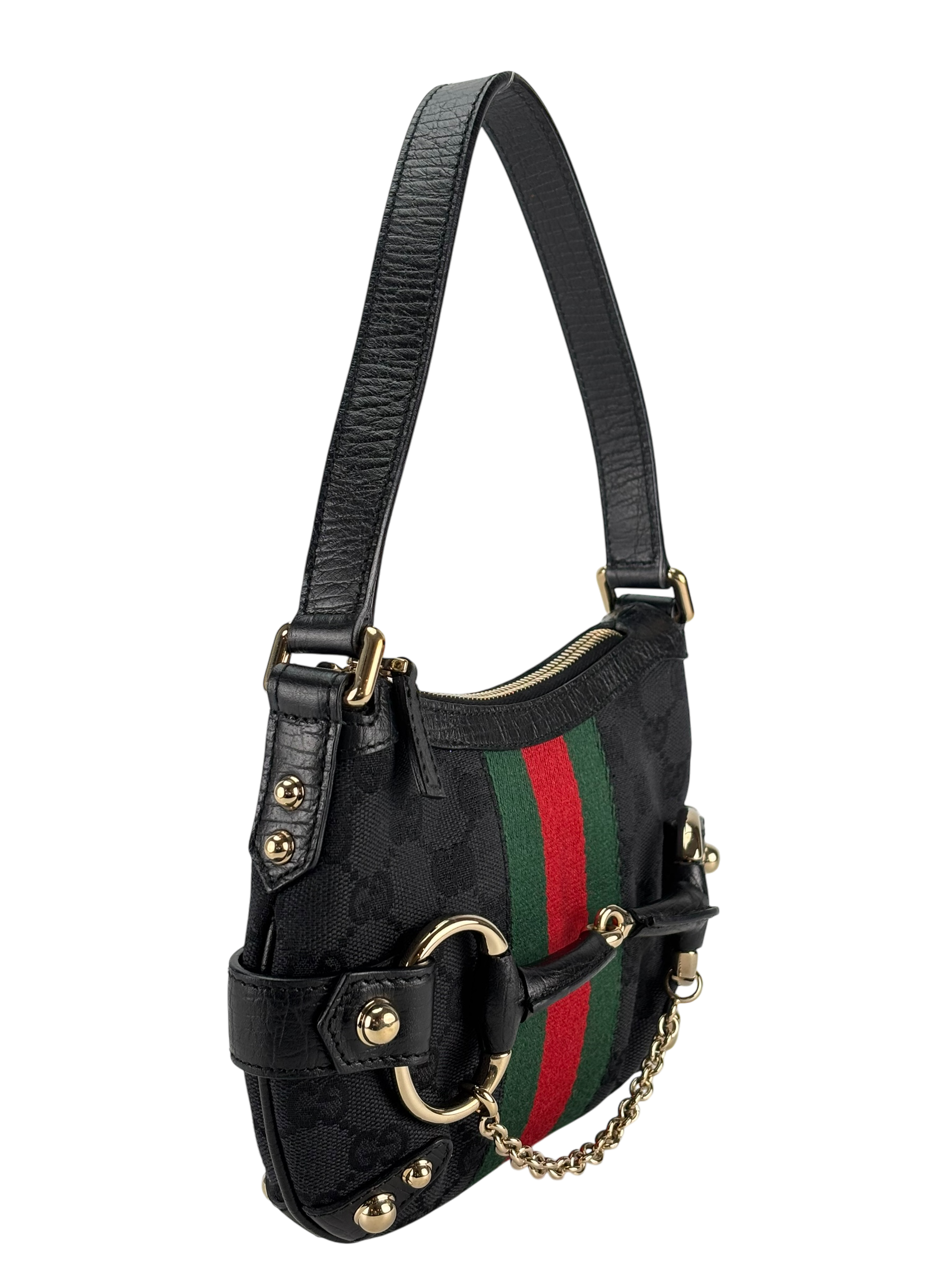 GUCCI - Black GG Monogram Small Horsebit Handbag