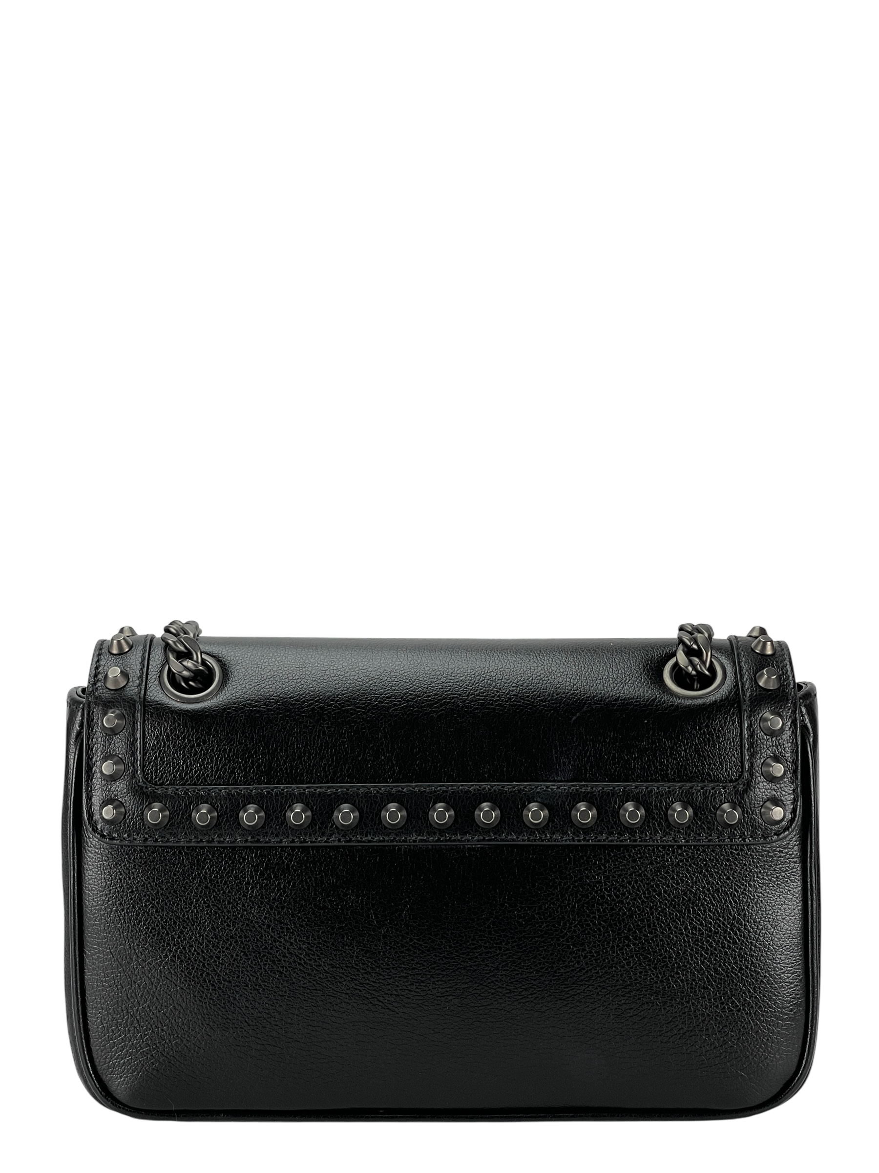 PRADA -  Black Leather Studded Flap Double Chain Shoulder Bag