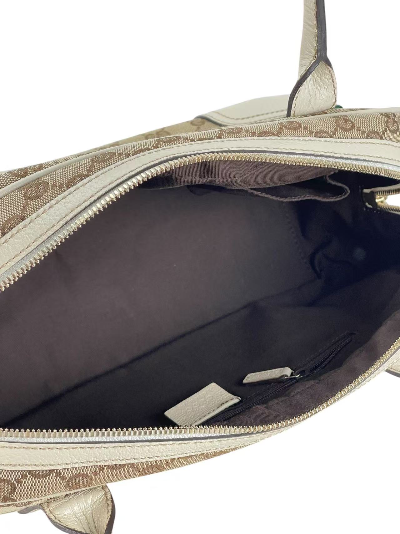 GUCCI - Monogram White Canvas Leather GG Mini Boston Bag