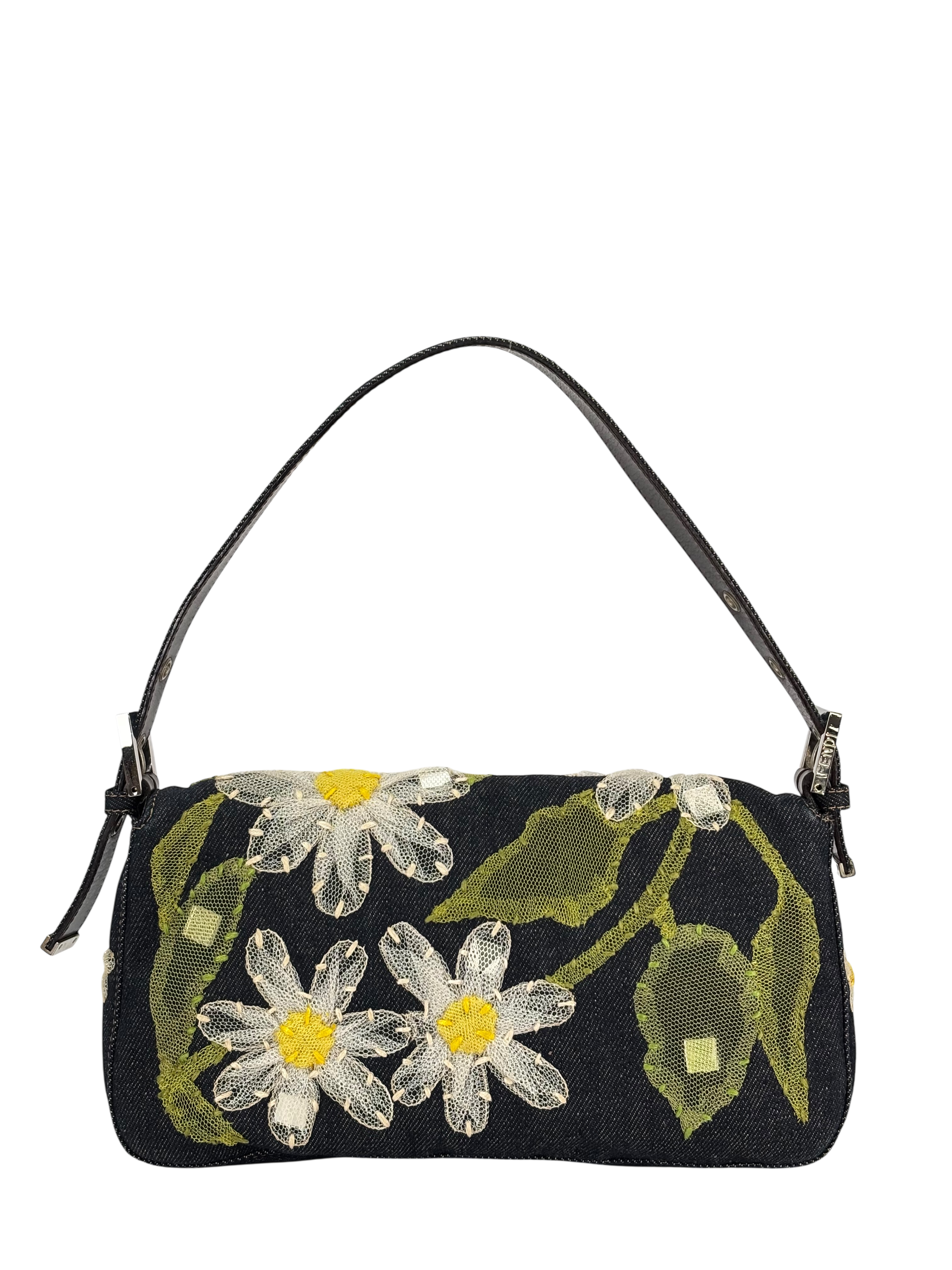 FENDI - Small Baguette Bag Denim Flower Navy