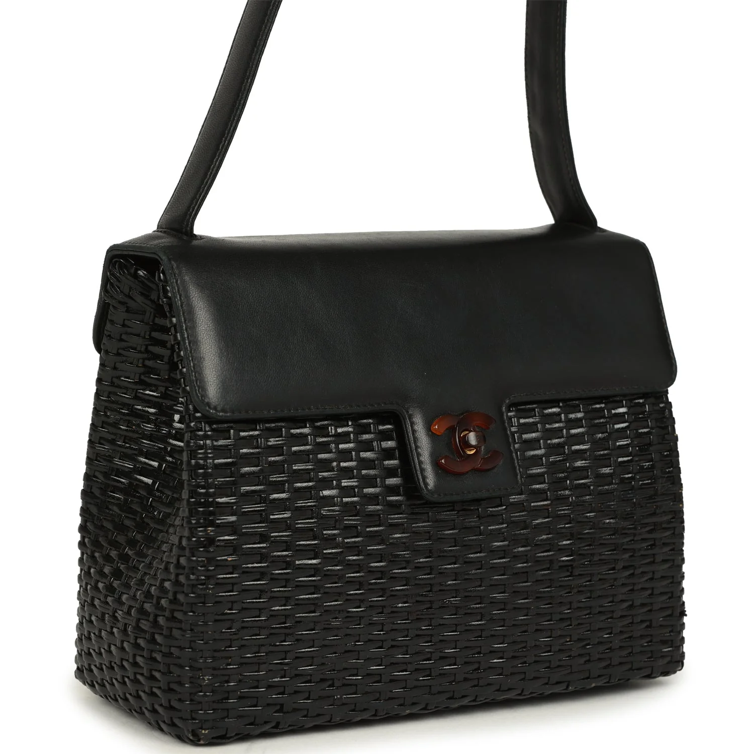 Vintage Chanel Wicker Basket Bag Black Lambskin and Rattan Bakelite Hardware