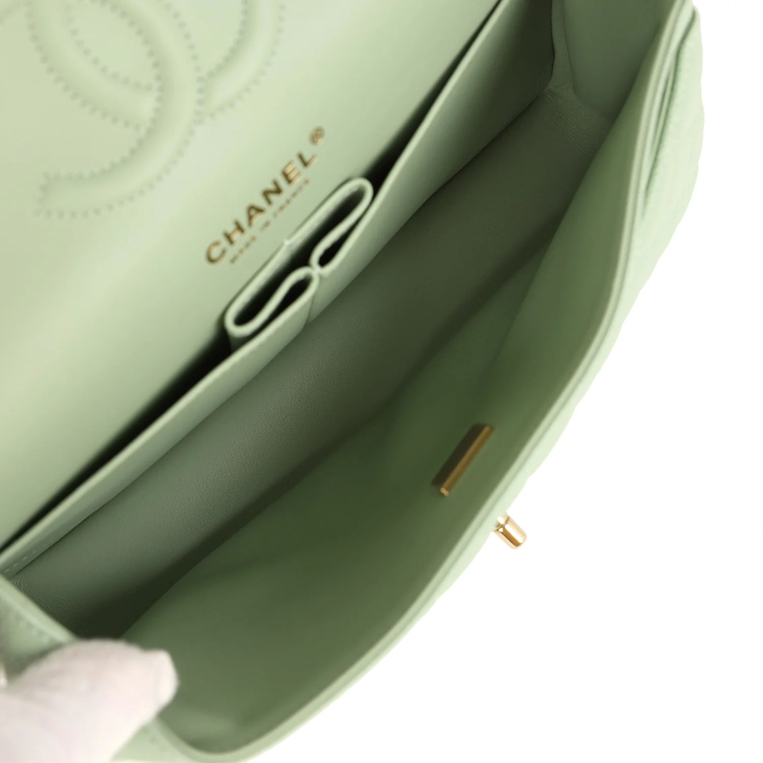 Chanel Medium Classic Double Flap Bag Light Green Caviar Light Gold Hardware