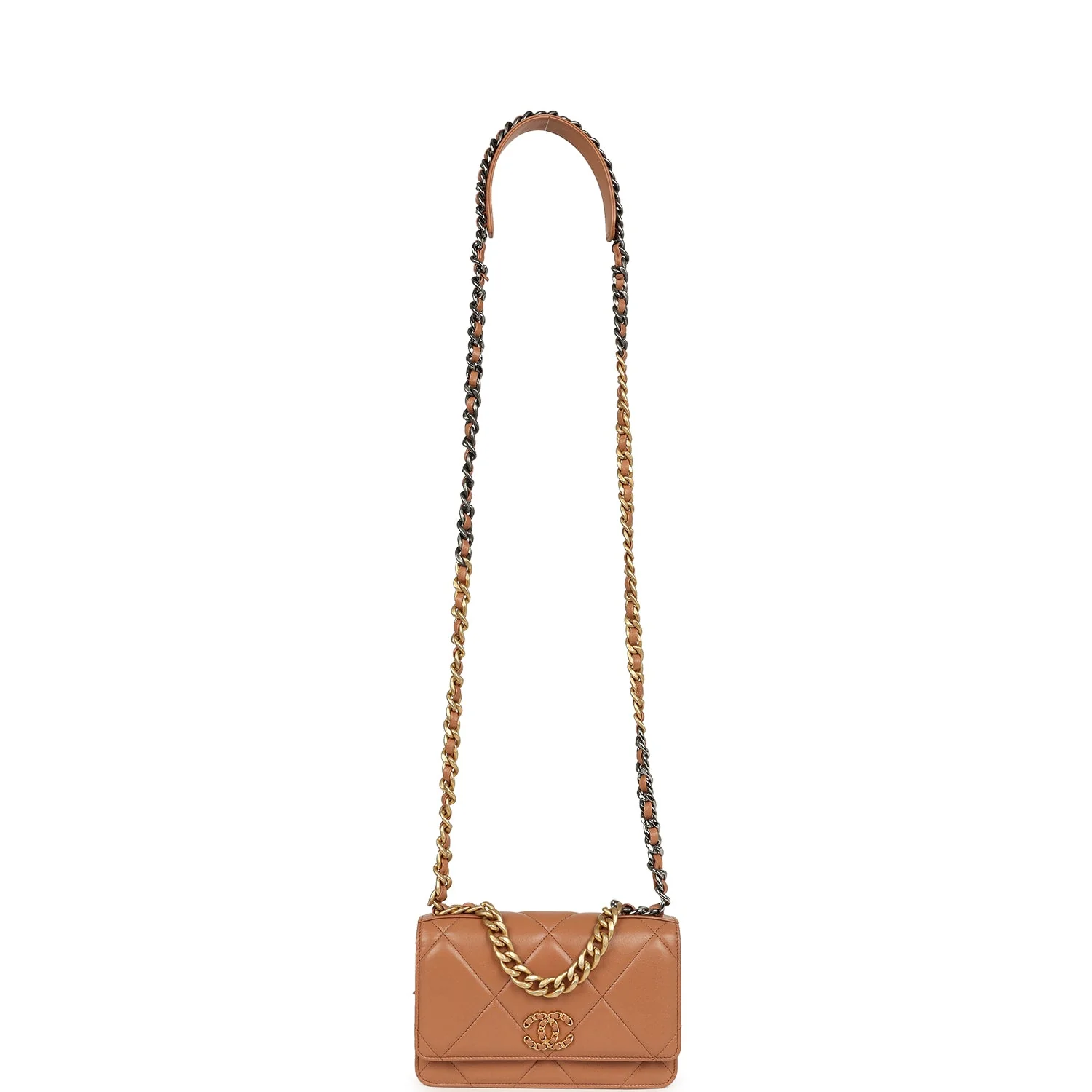 Chanel 19 Wallet On Chain WOC Brown Shiny Lambskin Mixed Metal Hardware