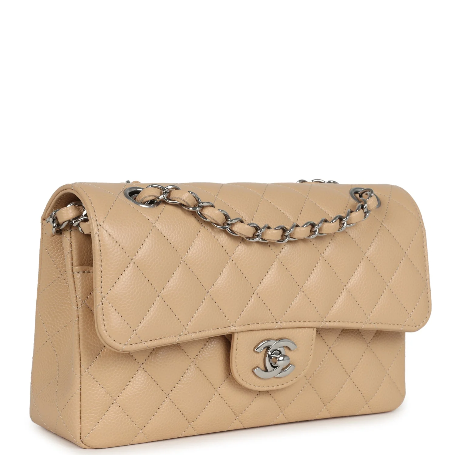 Chanel Small Classic Double Flap Bag Beige Caviar Silver Hardware