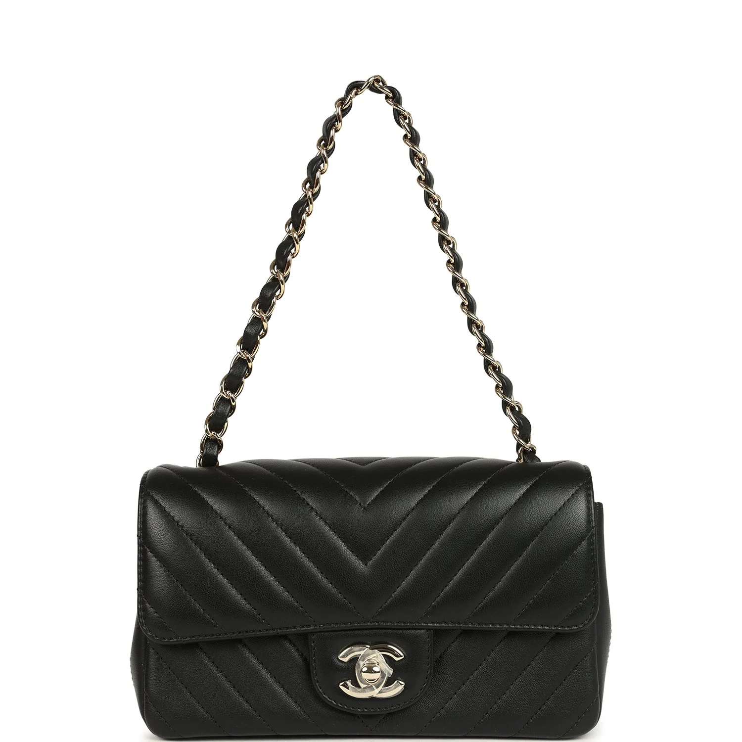 Chanel Mini Chevron Classic Rectangular Flap Bag Black Lambskin Light Gold Hardware