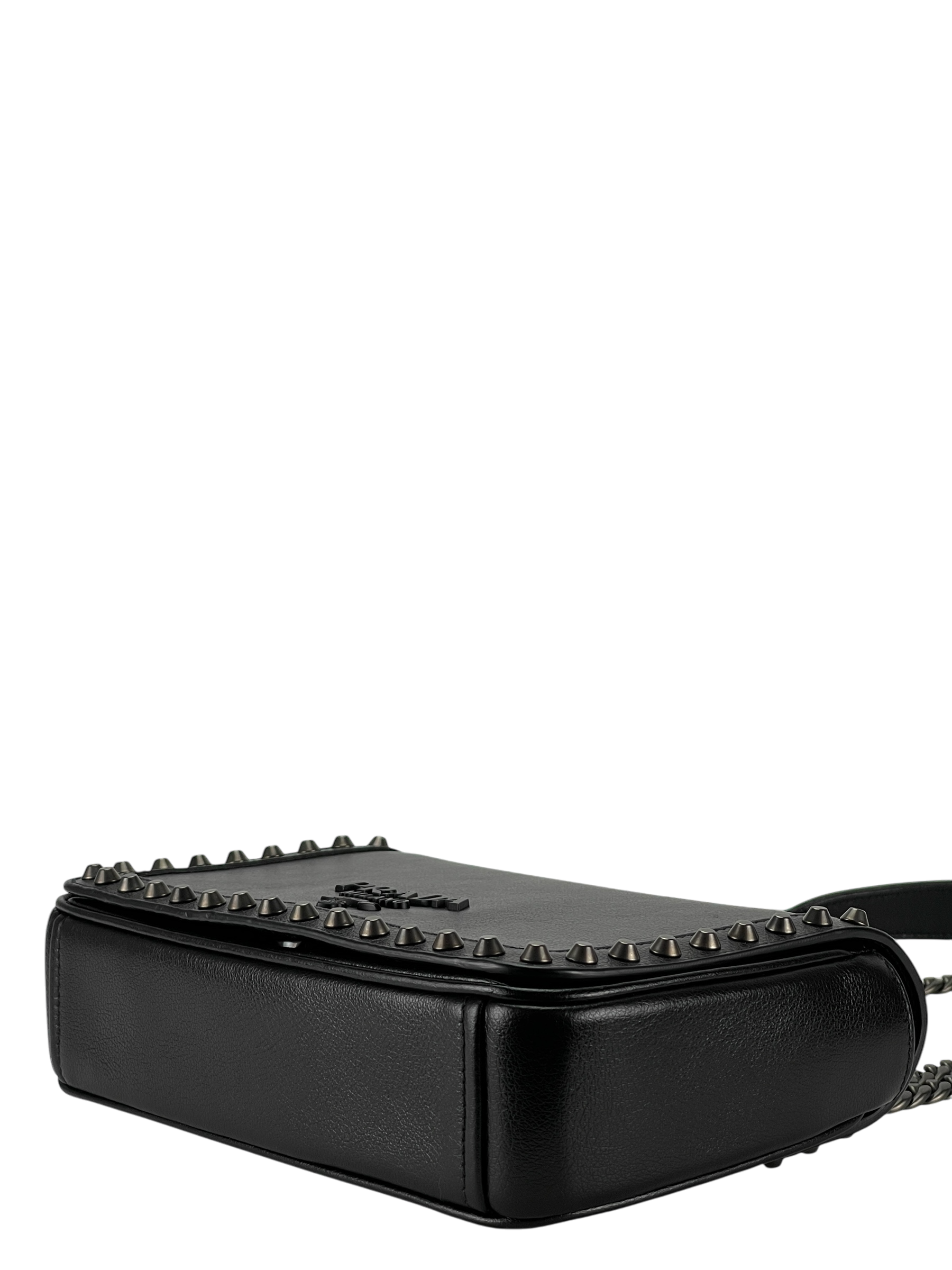 PRADA -  Black Leather Studded Flap Double Chain Shoulder Bag