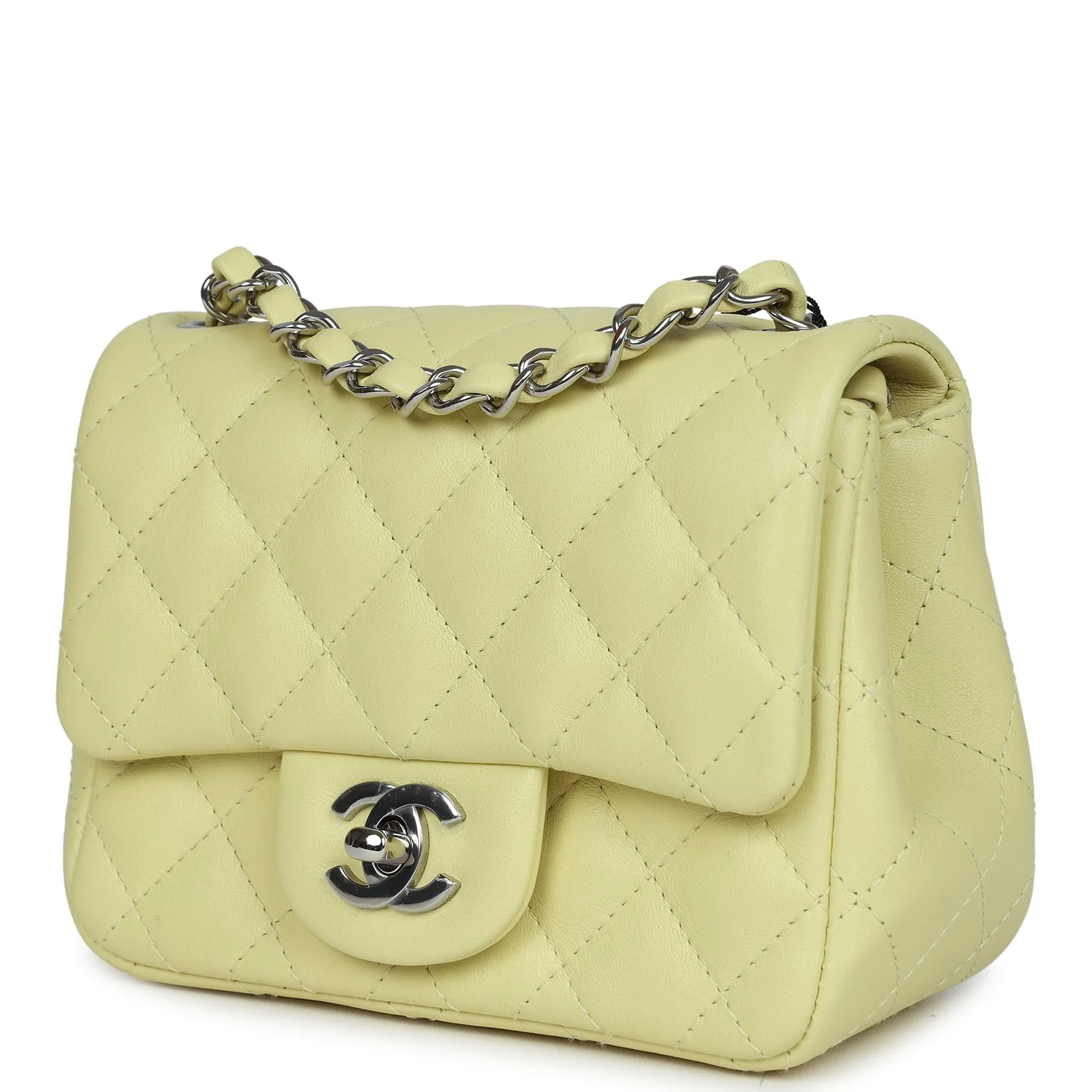 Chanel Mini Square Flap Bag Lime Lambskin Silver Hardware