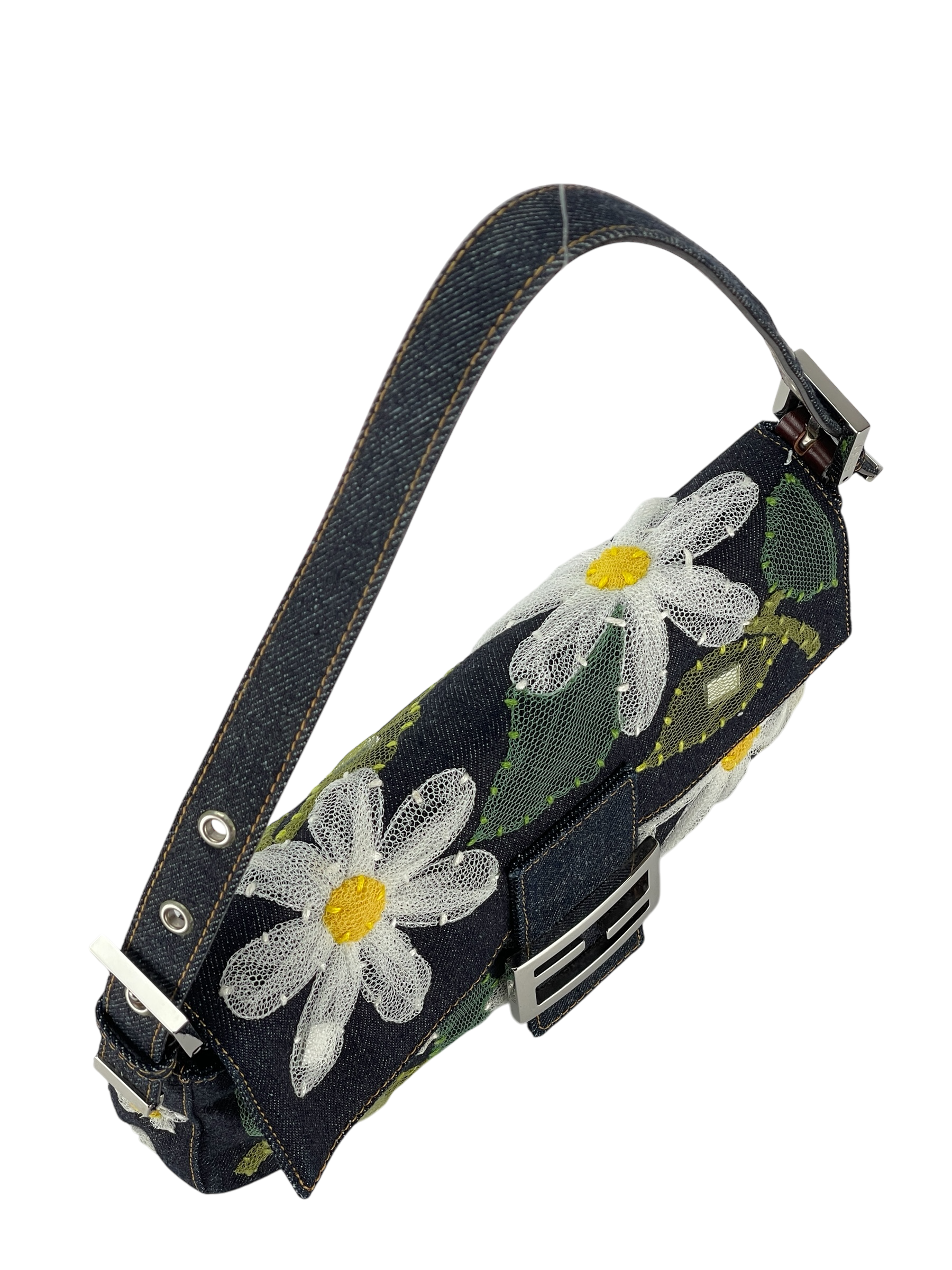 FENDI - Blue Denim Baguette in Dark Embroided Flowers