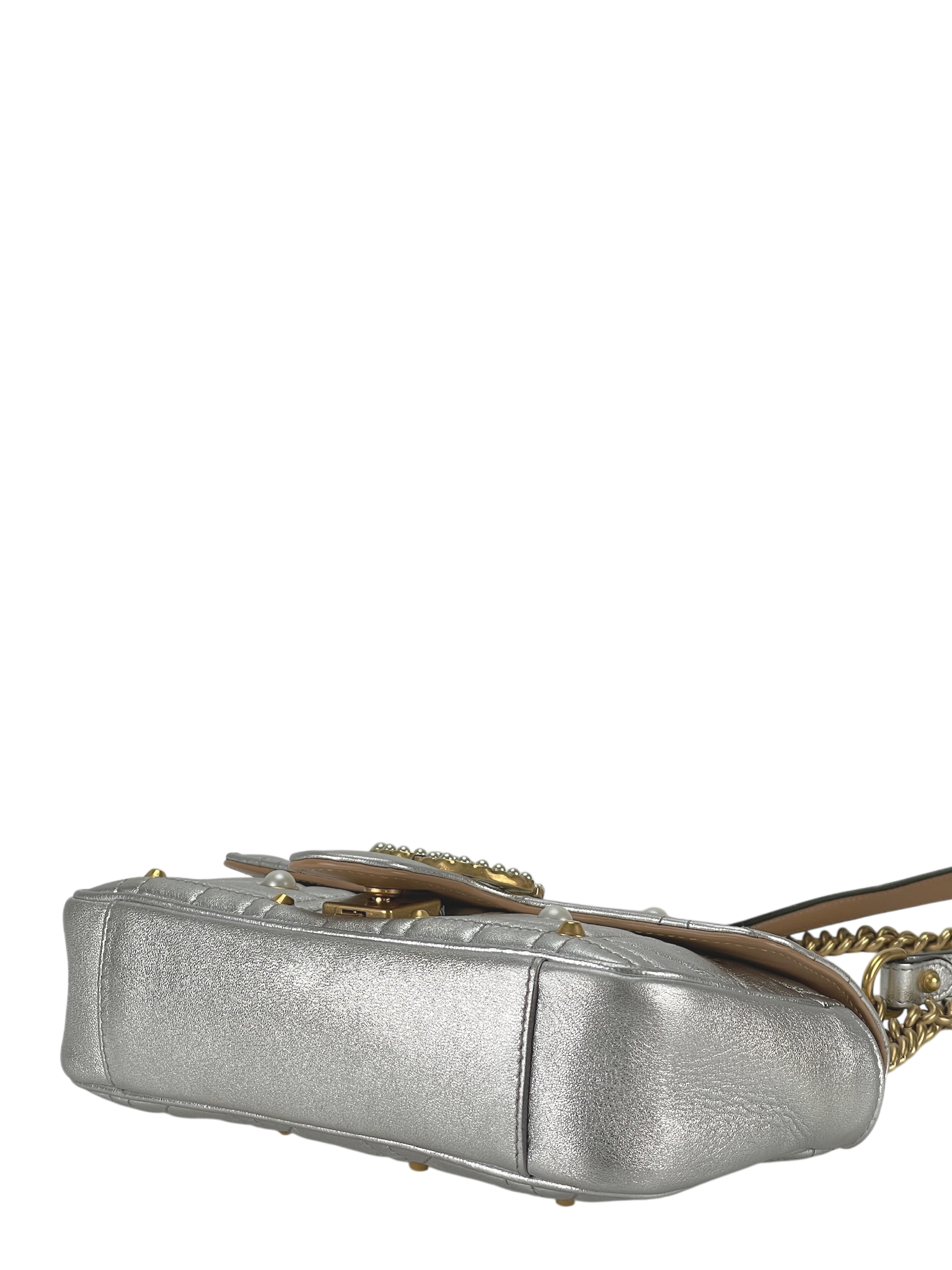 GUCCI - Matelasse Studded Mini Pearly GG Marmont Shoulder Bag Silver Metallic Calfskin