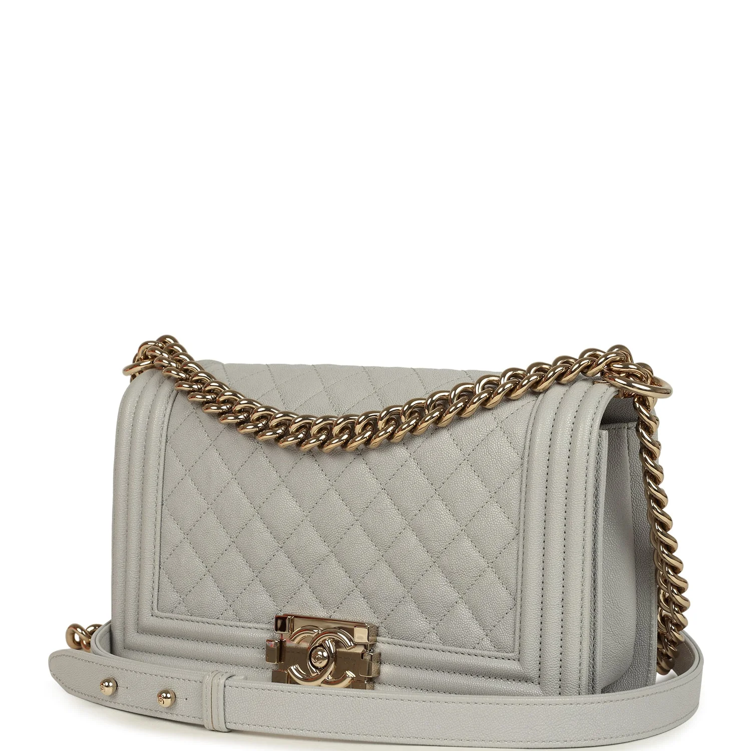 Pre-owned Chanel Medium Boy Bag Grey Shiny Caviar Light Gold Hardware