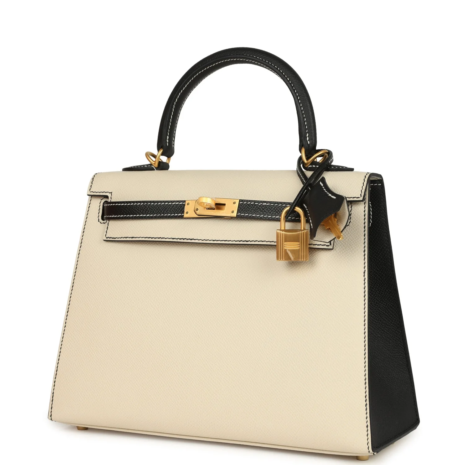 Hermes Special Order (HSS) Kelly Sellier 25 Craie and Black Epsom Brushed Gold Hardware