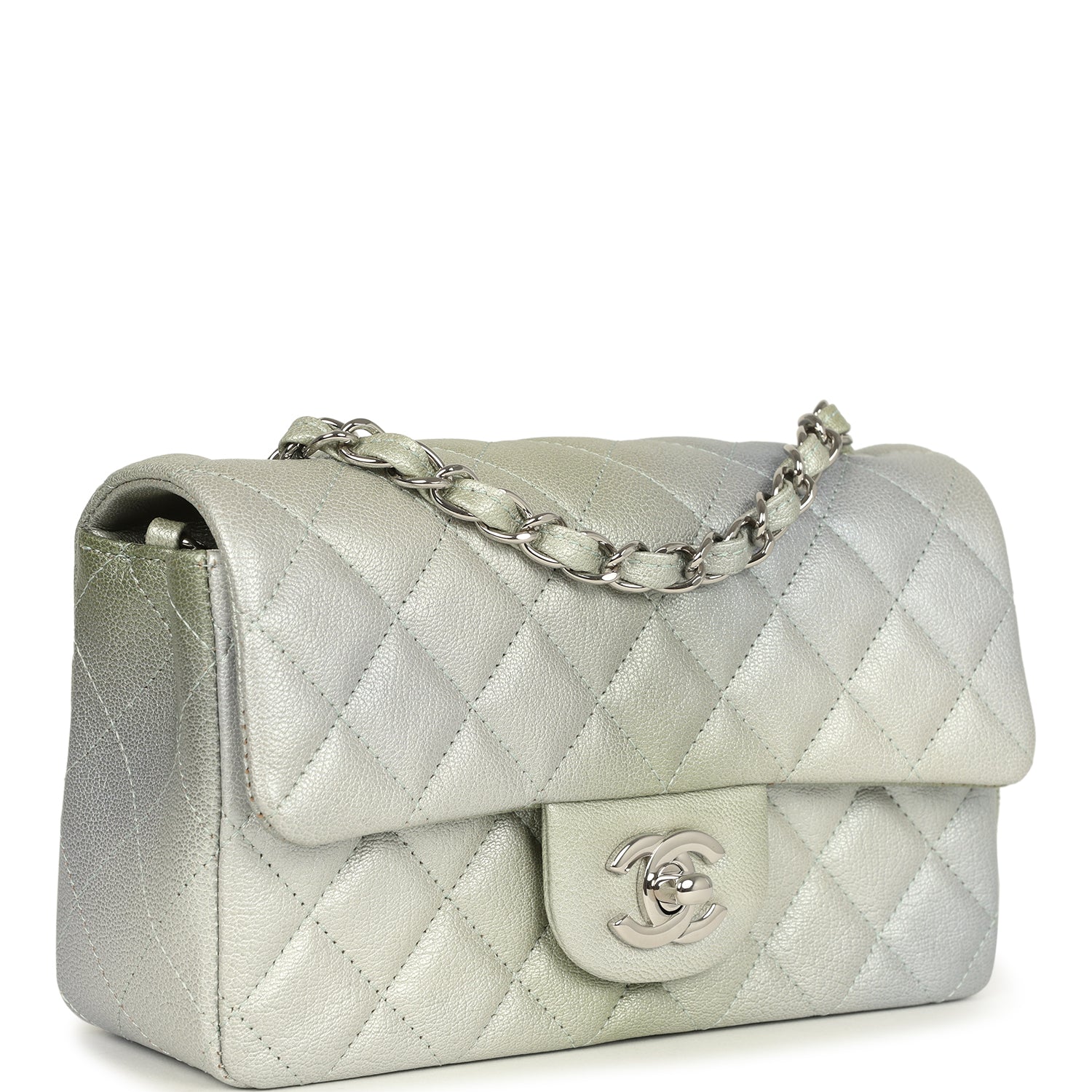 Chanel Mini Classic Rectangular Flap Bag Grey and Green Ombre Iridescent Goatskin Silver Hardware