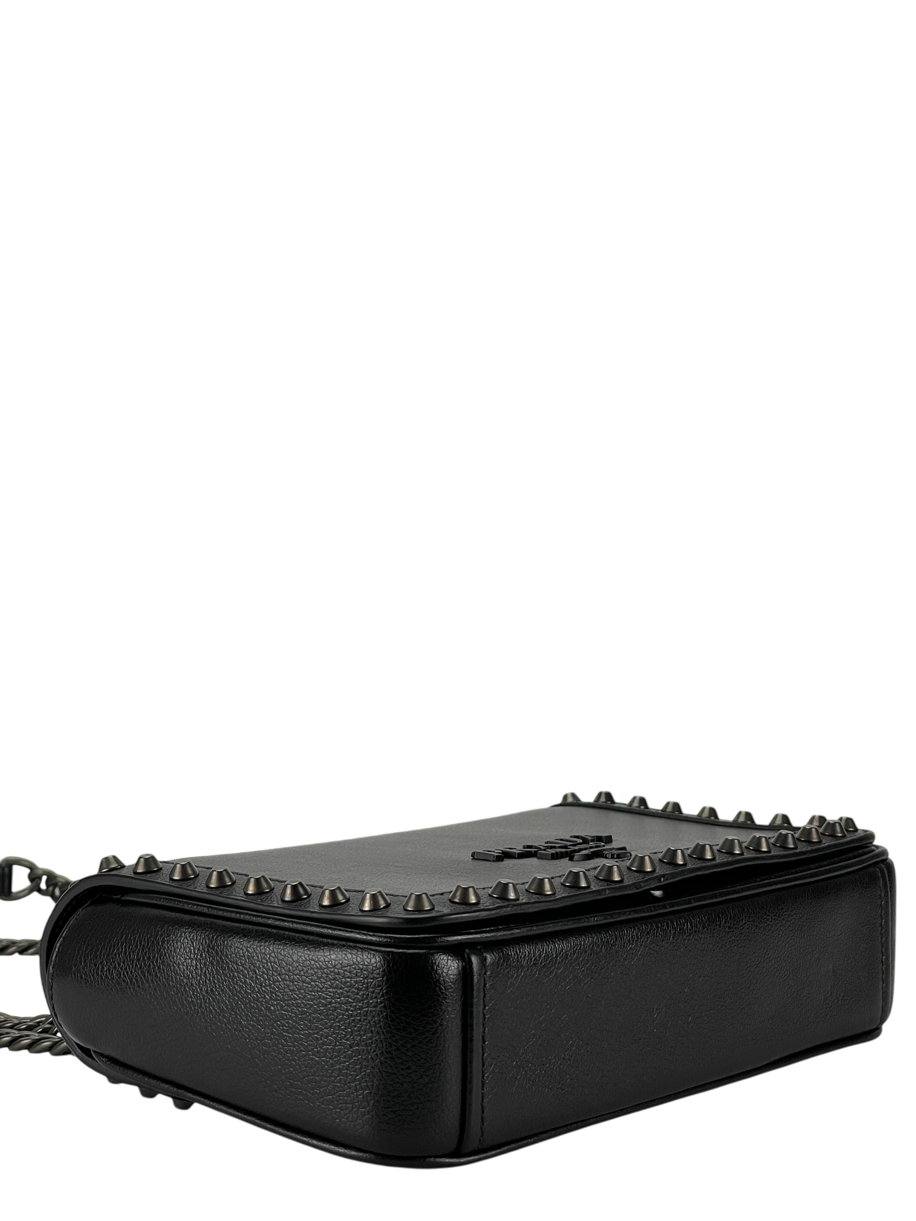 PRADA -  Black Leather Studded Flap Double Chain Shoulder Bag