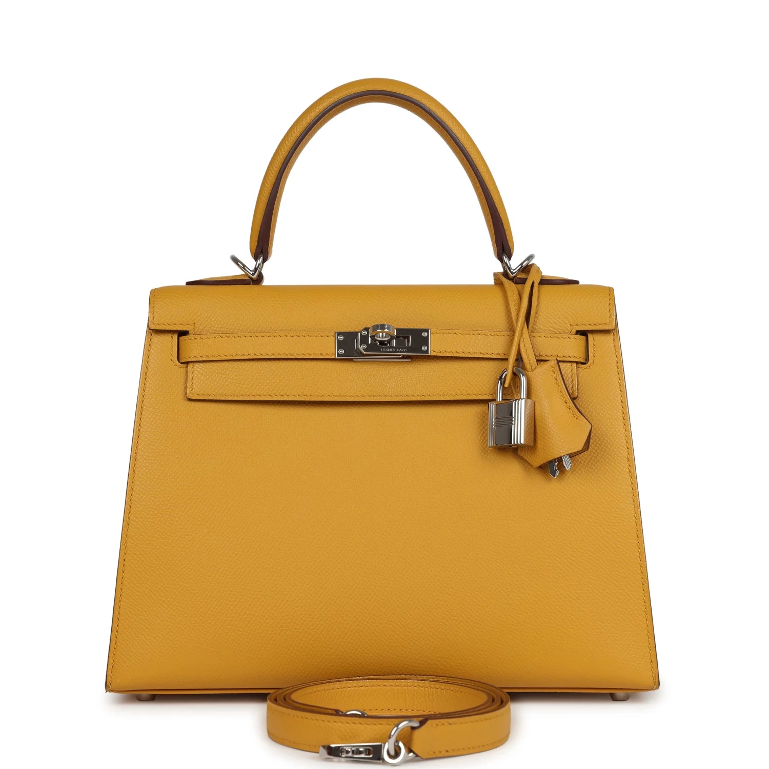 Pre-owned Hermes Kelly Sellier 25 Jaune Ambre Epsom Palladium Hardware