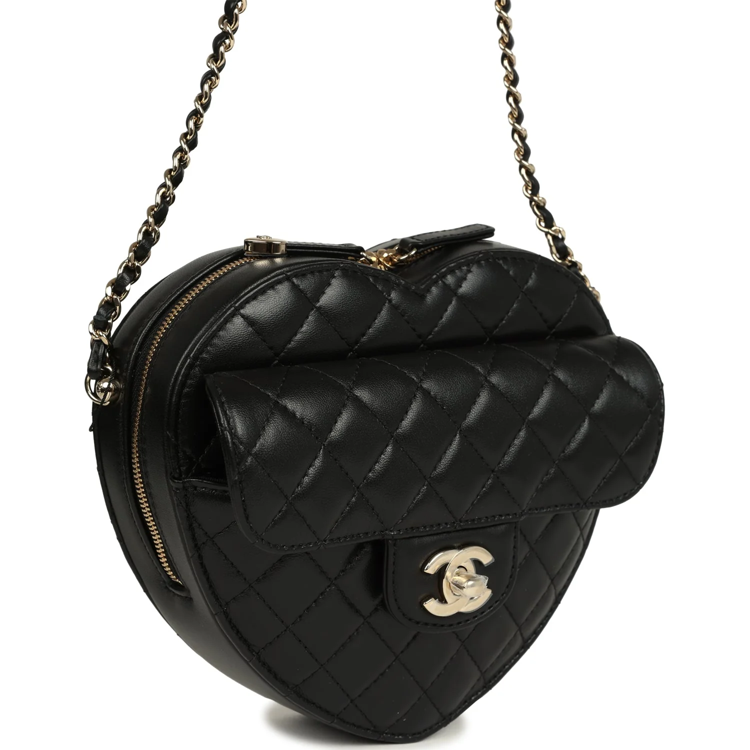 Chanel CC In Love Large Heart Bag with Chain Black Lambskin Light Gold Hardware