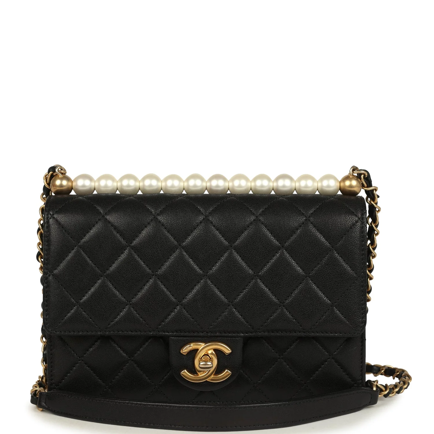 Pre-owned Chanel Small Chic Pearls Flap Bag Black Goatskin Antique Gold Hardware