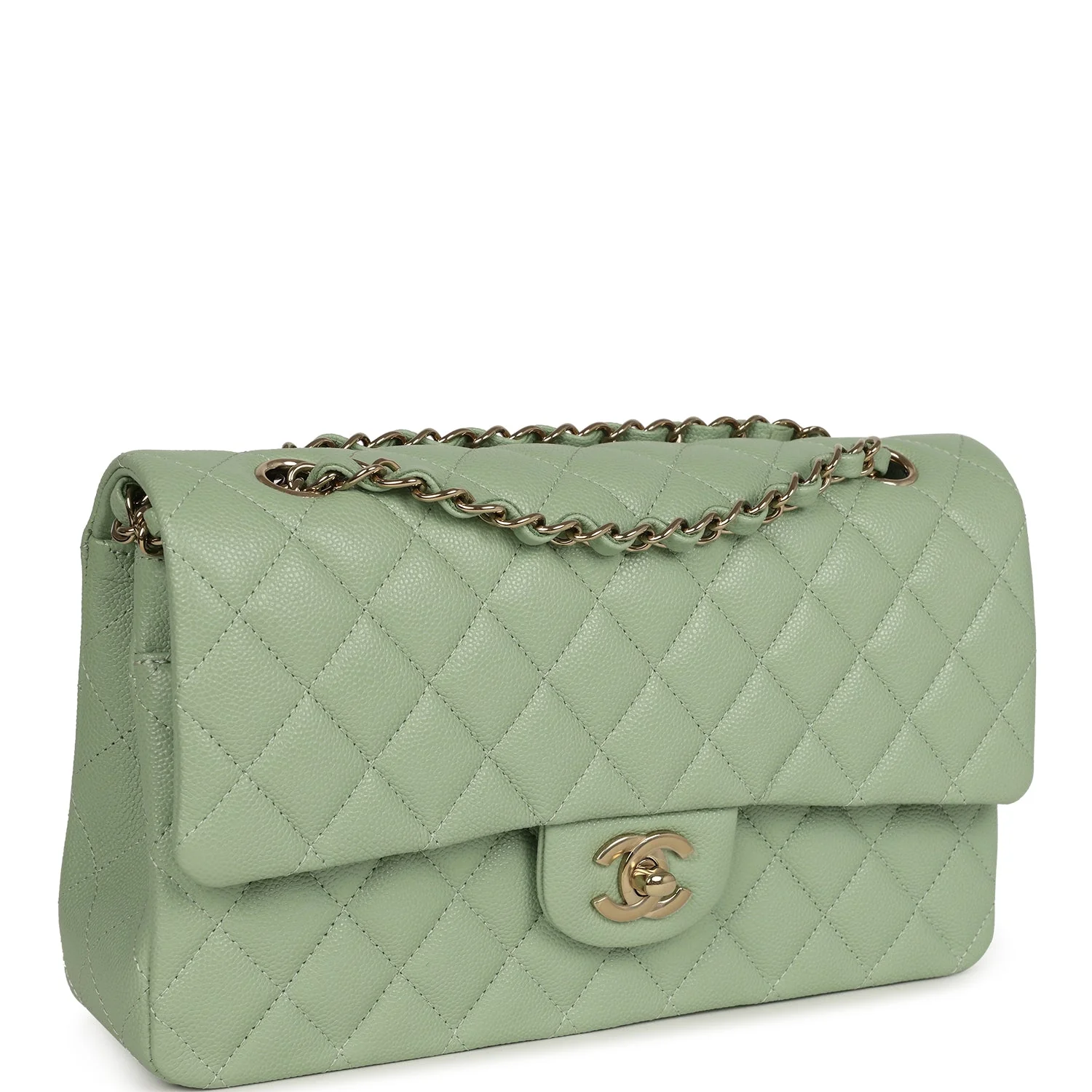 Chanel Medium Classic Double Flap Bag Light Green Caviar Light Gold Hardware