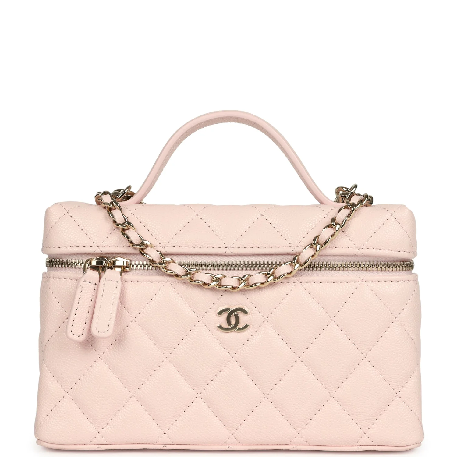 Chanel Top Handle Long Vanity Case with Chain Light Pink Shiny Caviar Light Gold Hardware