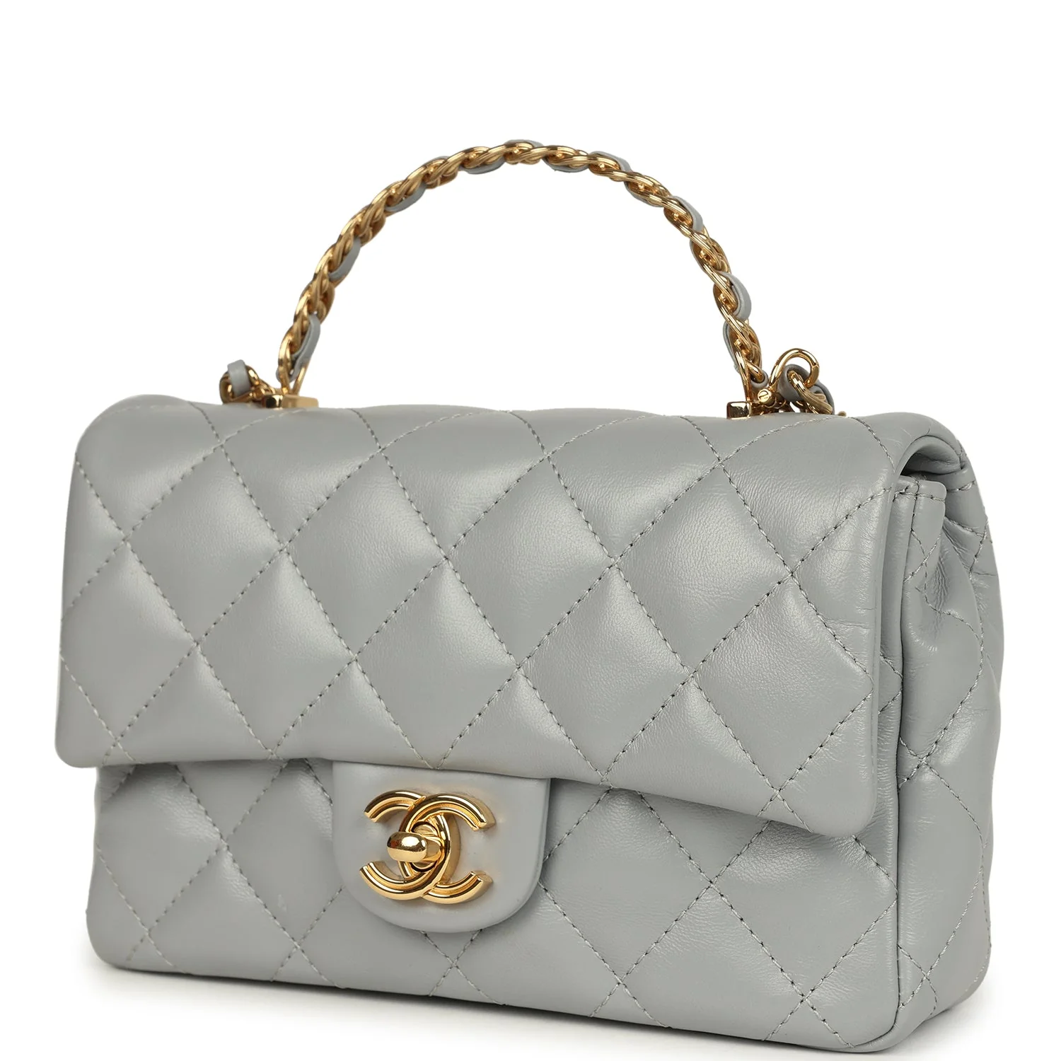 Pre-owned Chanel Mini CC Rectangular Flap Bag with Top Handle Light Grey Lambskin Gold Hardware