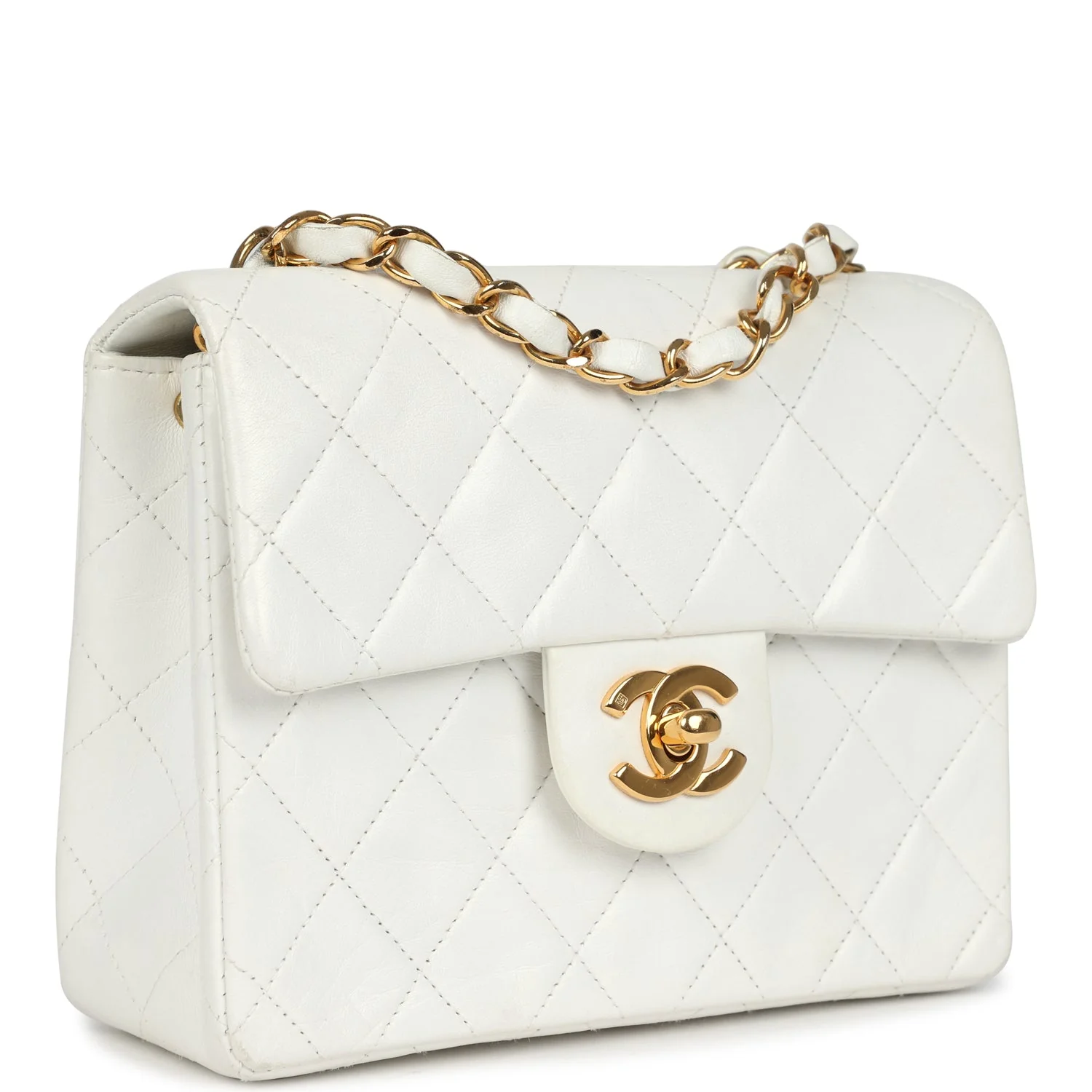Vintage Chanel Mini Square Flap Bag White Lambskin Gold Hardware