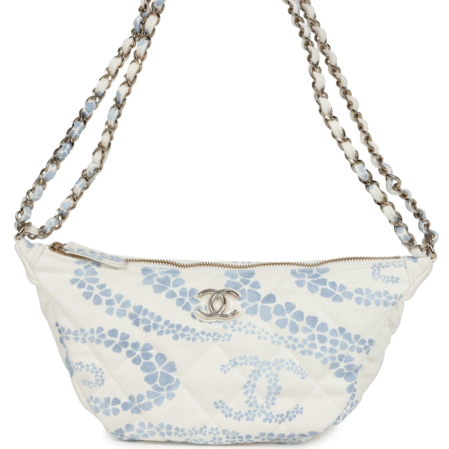 Chanel Large Coco Beach Hobo Bag in White and Blue Denim Light Gold Hardware