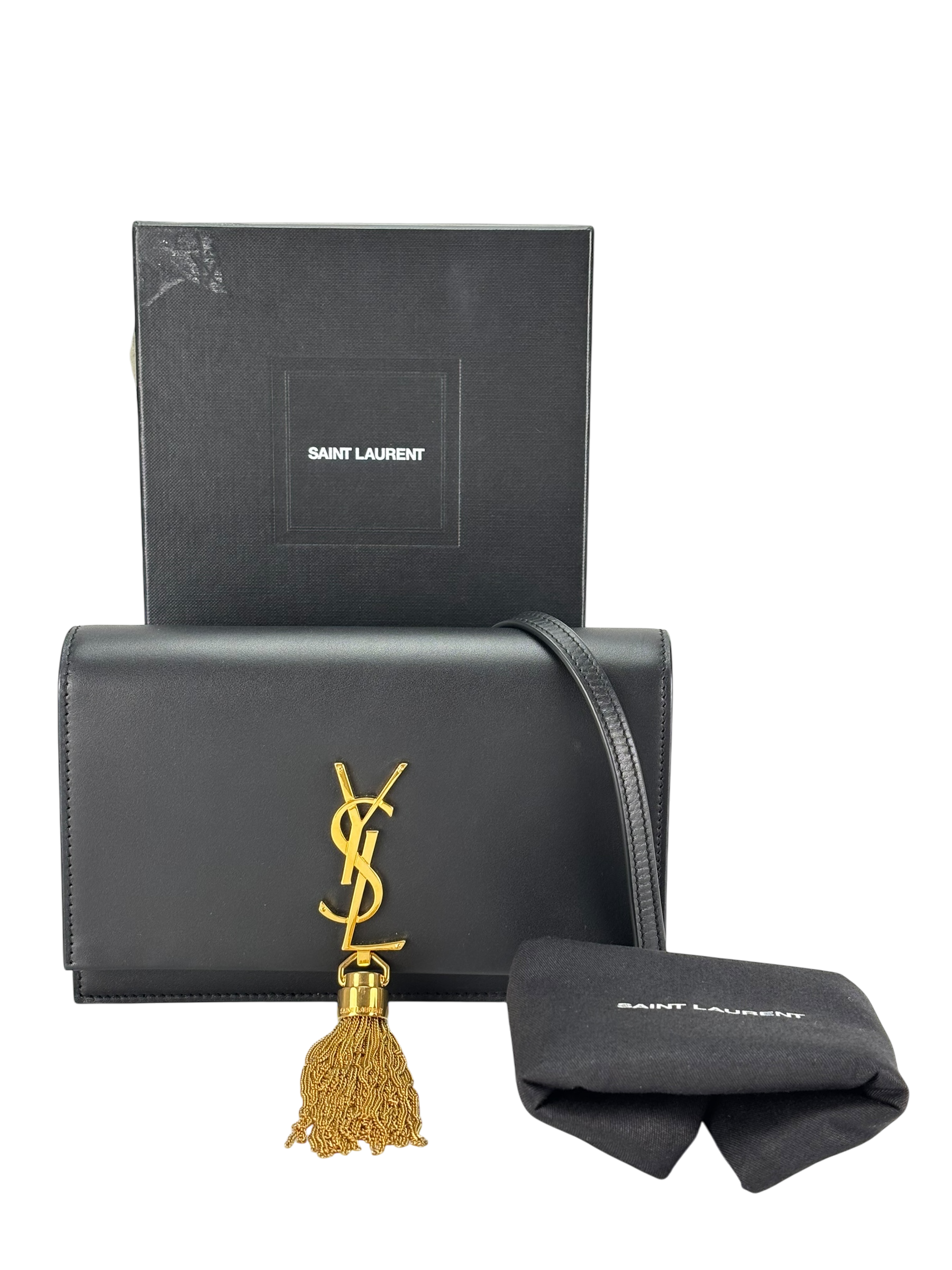 SAINT LAURENT - Black Calfskin Smooth Classic Kate Tassel Chain Wallet Crossbody Bag