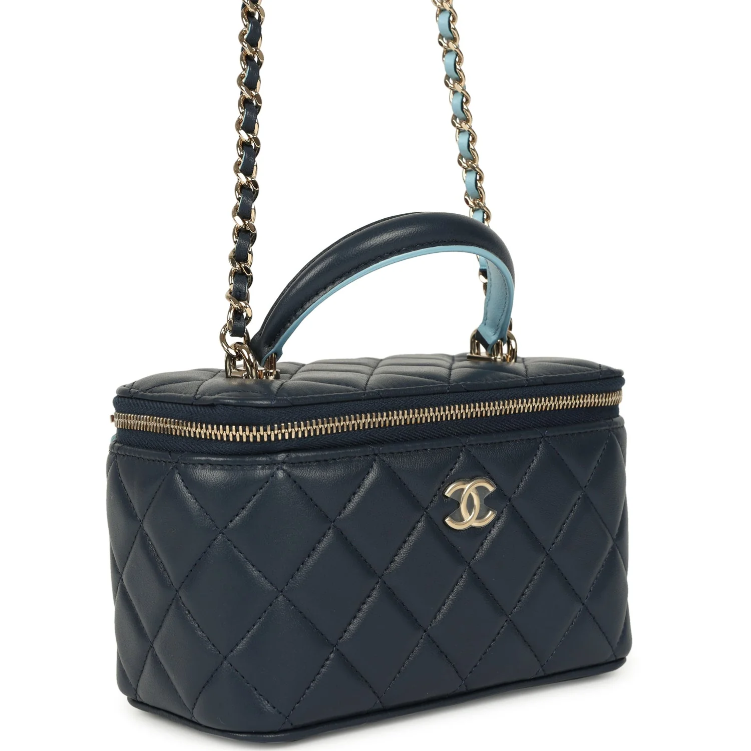 Chanel Small Top Handle Vanity Case Navy & Light Blue Lambskin Light Gold Hardware