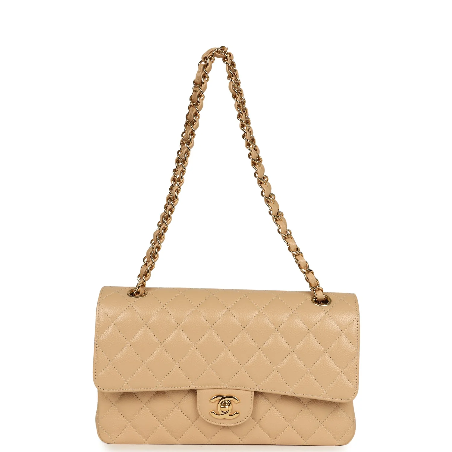 Pre-owned Chanel Medium Classic Double Flap Beige Caviar Gold Hardware