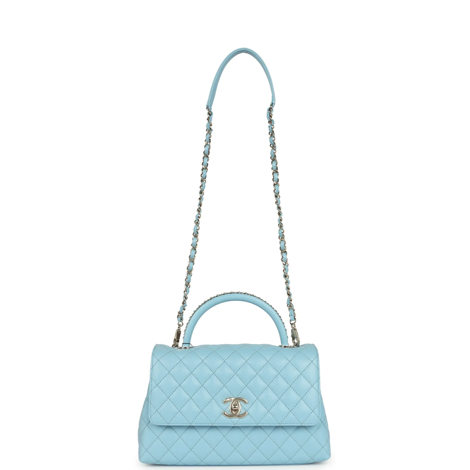 Chanel Medium Coco Top Handle Flap Bag Light Blue Shiny Caviar Light Gold Hardware