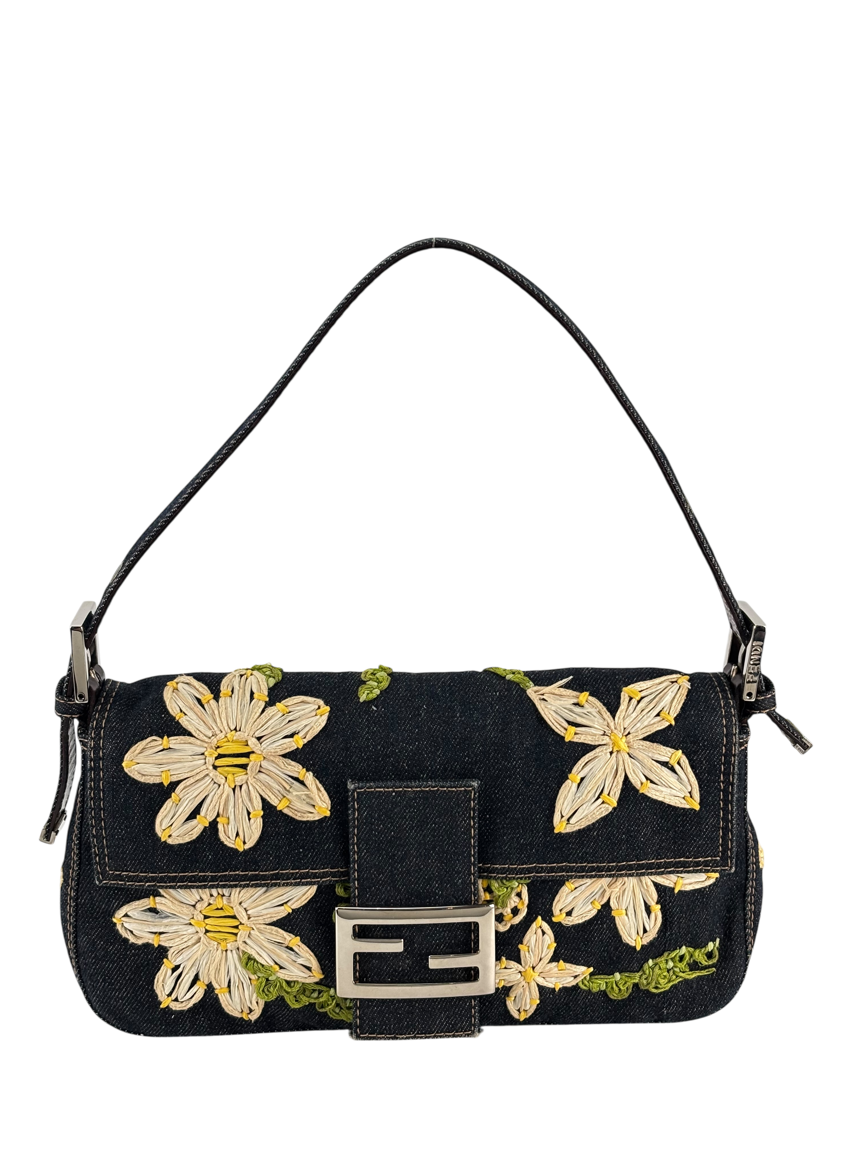 FENDI - Small Baguette Bag Denim Flower Navy