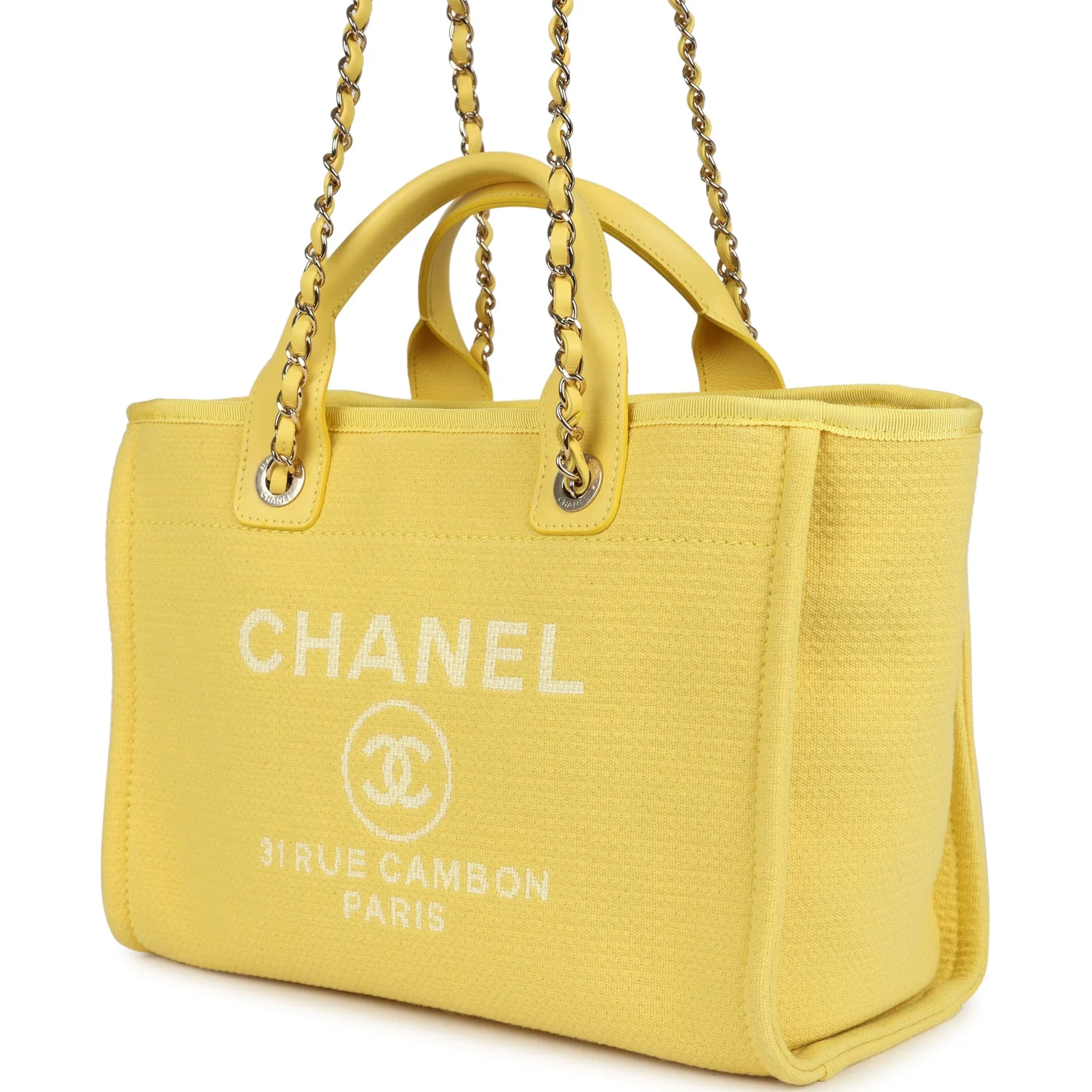 Chanel Small Deauville Shopping Tote Yellow Canvas Light Gold Hardware