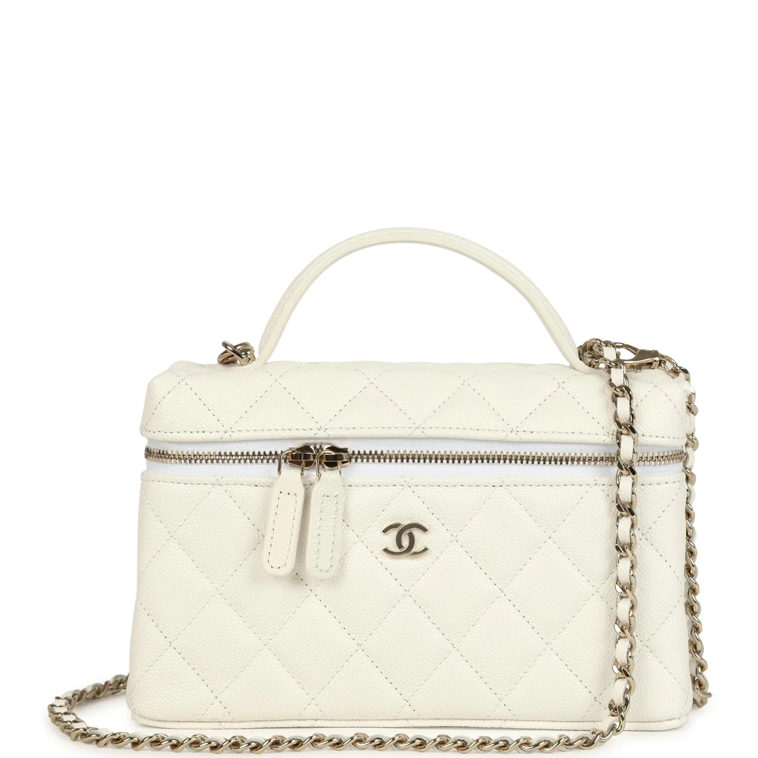 Chanel Top Handle Long Vanity Case with Chain White Shiny Caviar Light Gold Hardware
