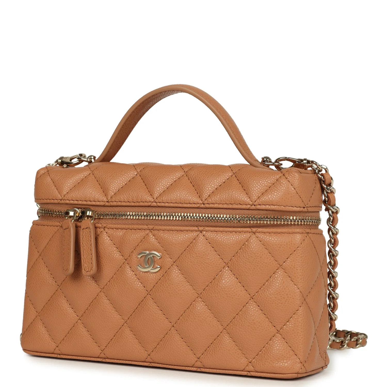 Chanel Top Handle Long Vanity Case with Chain Dark Beige Shiny Caviar Light Gold Hardware