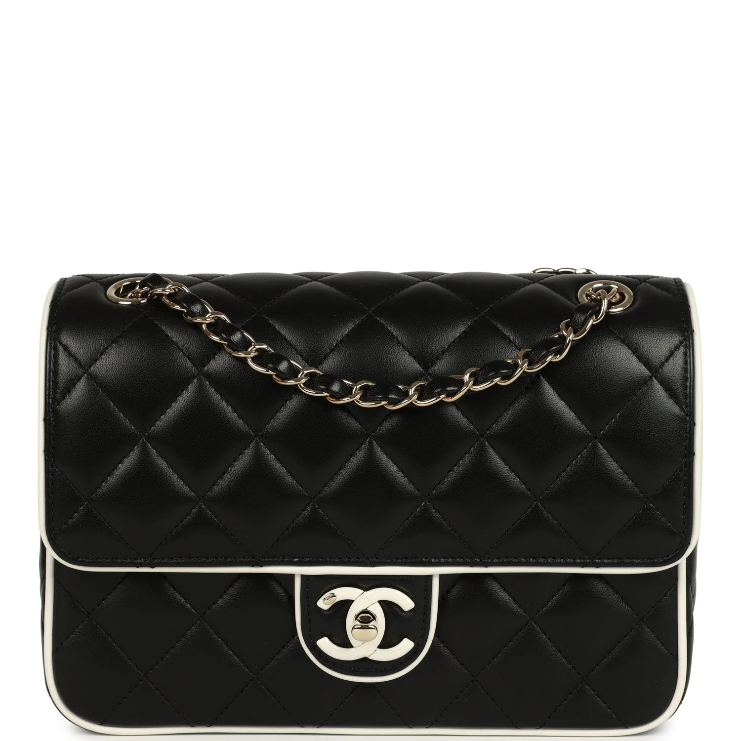Chanel Small Graphic Frame Flap Bag Black and White Lambskin Light Gold Hardware