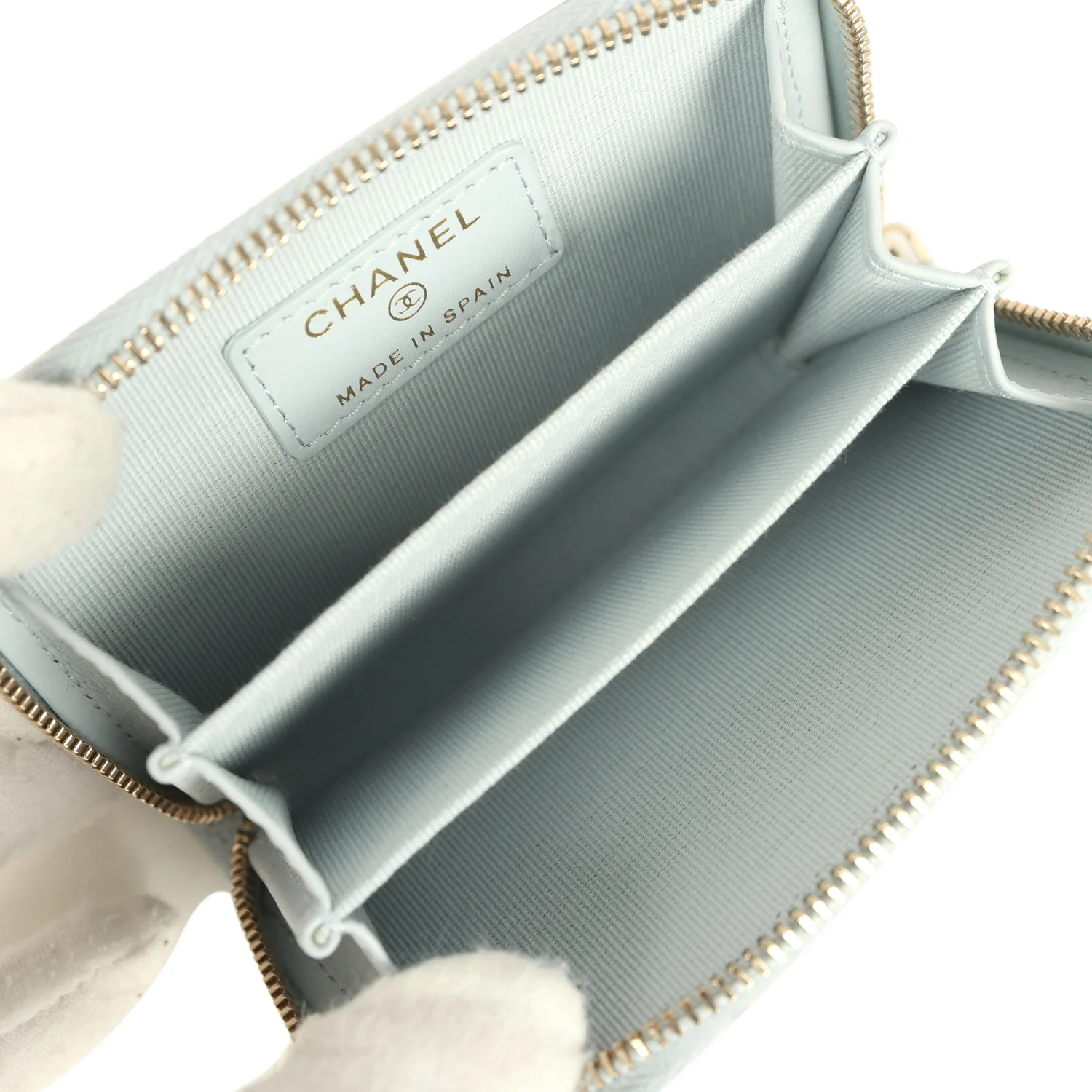 Chanel Classic Zipped Coin Purse Wallet Light Blue Caviar Light Gold Hardware