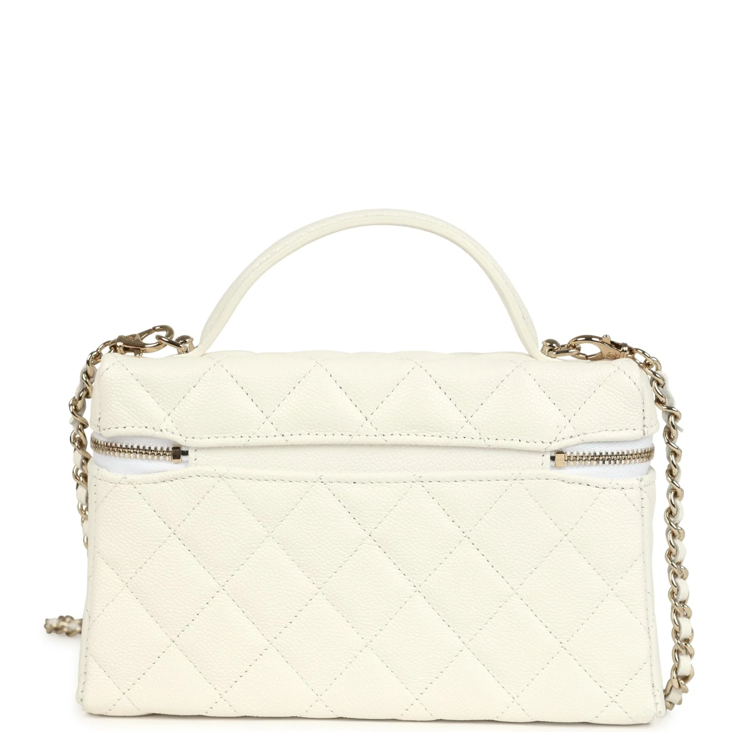 Chanel Top Handle Long Vanity Case with Chain White Shiny Caviar Light Gold Hardware