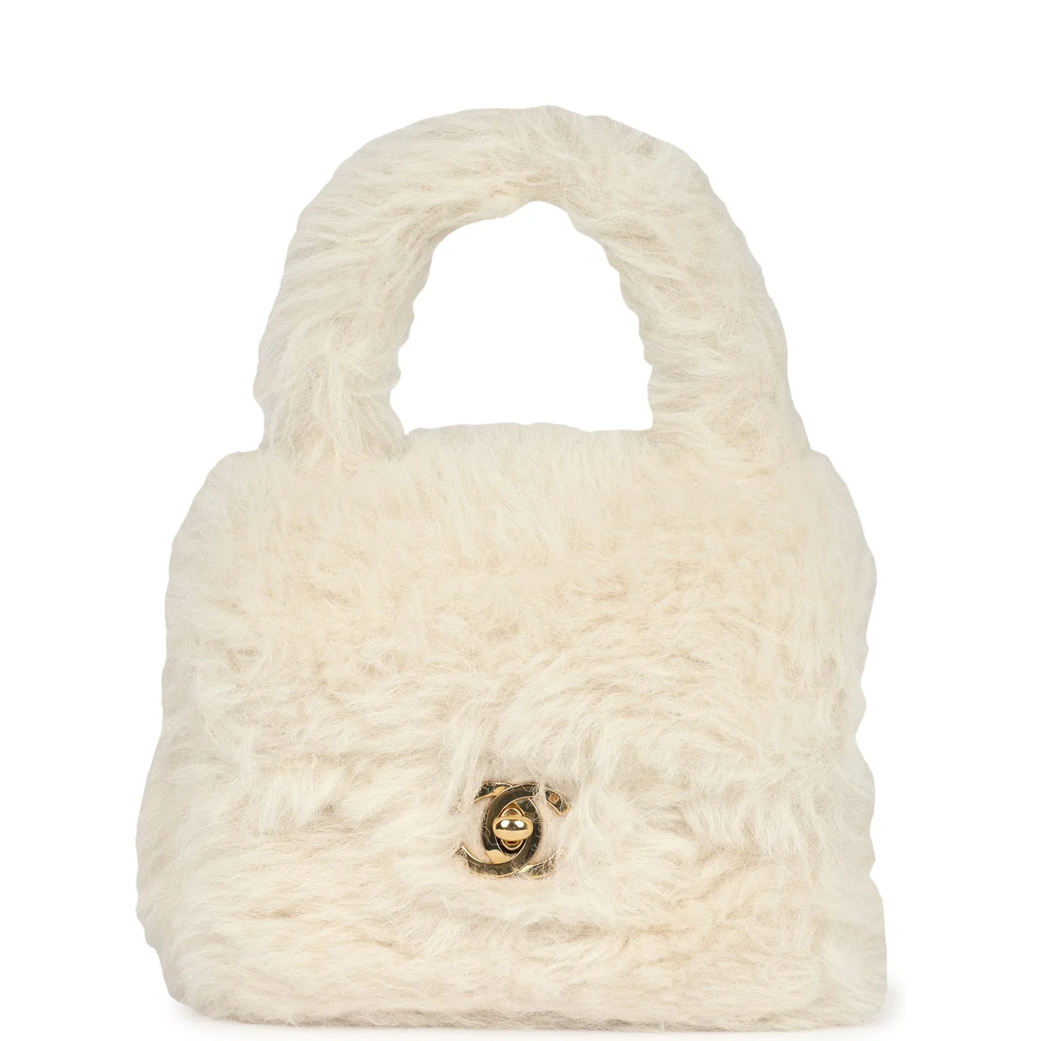 Vintage Chanel Micro Kelly Child White Rabbit Fur Gold Hardware