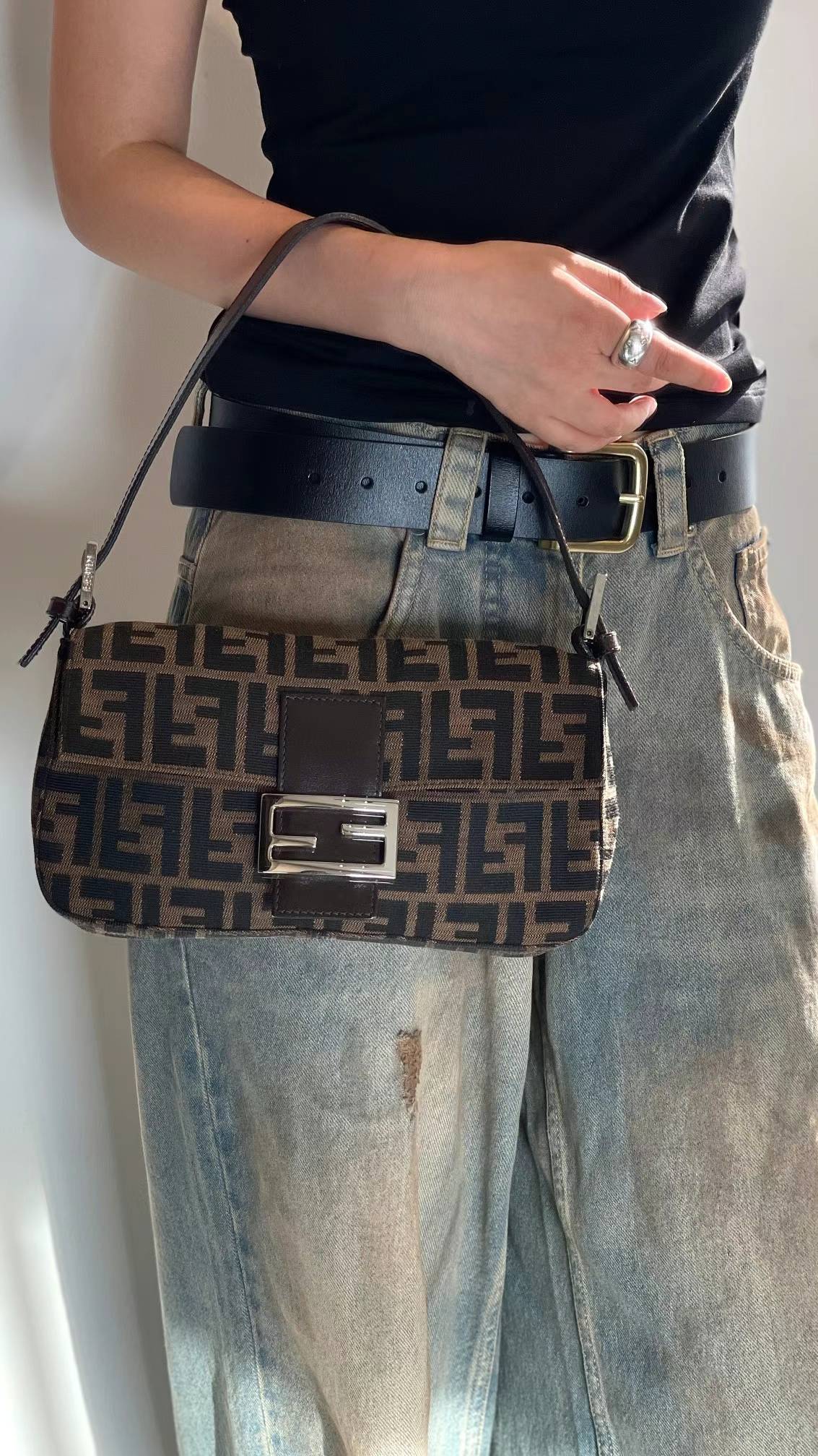 FENDI - Brown Zucca Baguette Handbag Silver Hardware