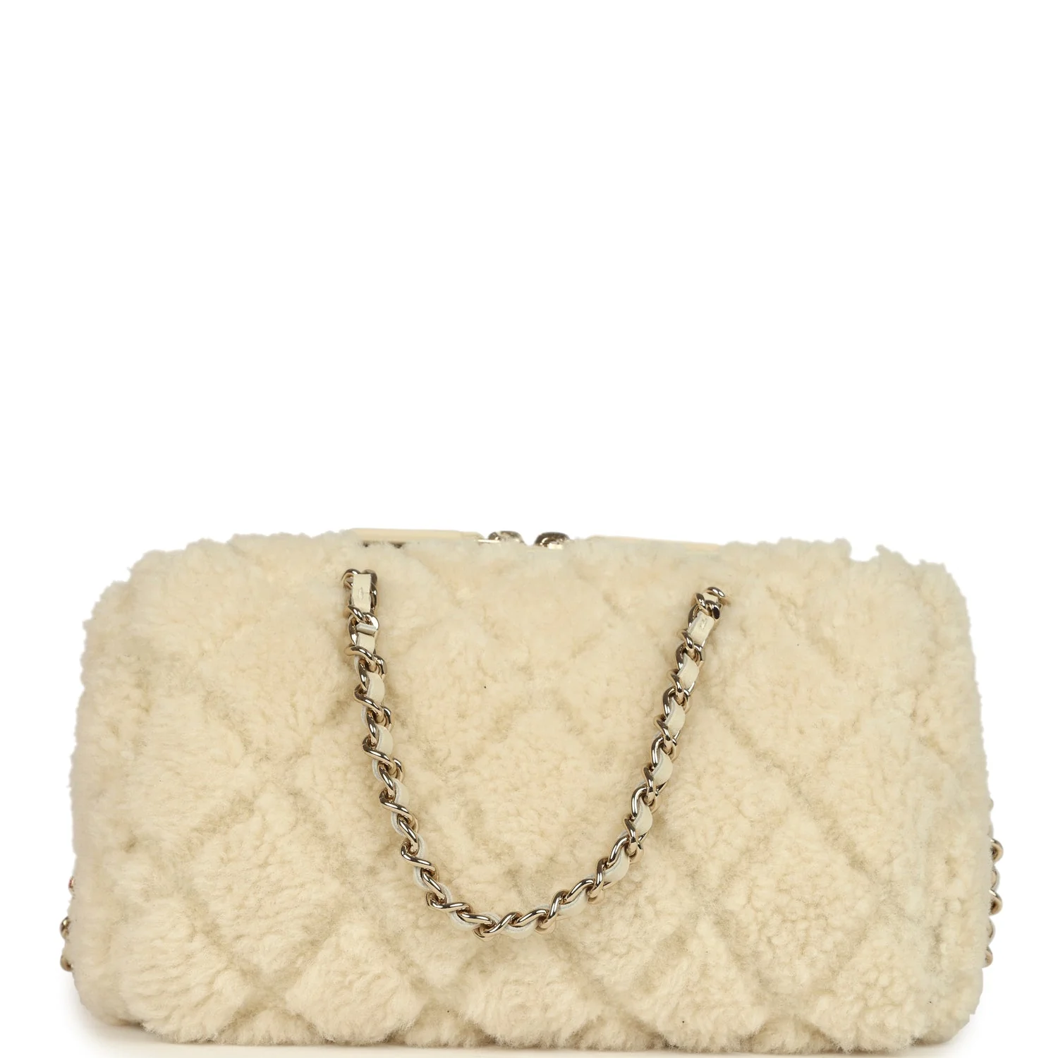 Chanel Mini Timeless Classic Barrel Bag with Chain Beige Shearling Light Gold Hardware