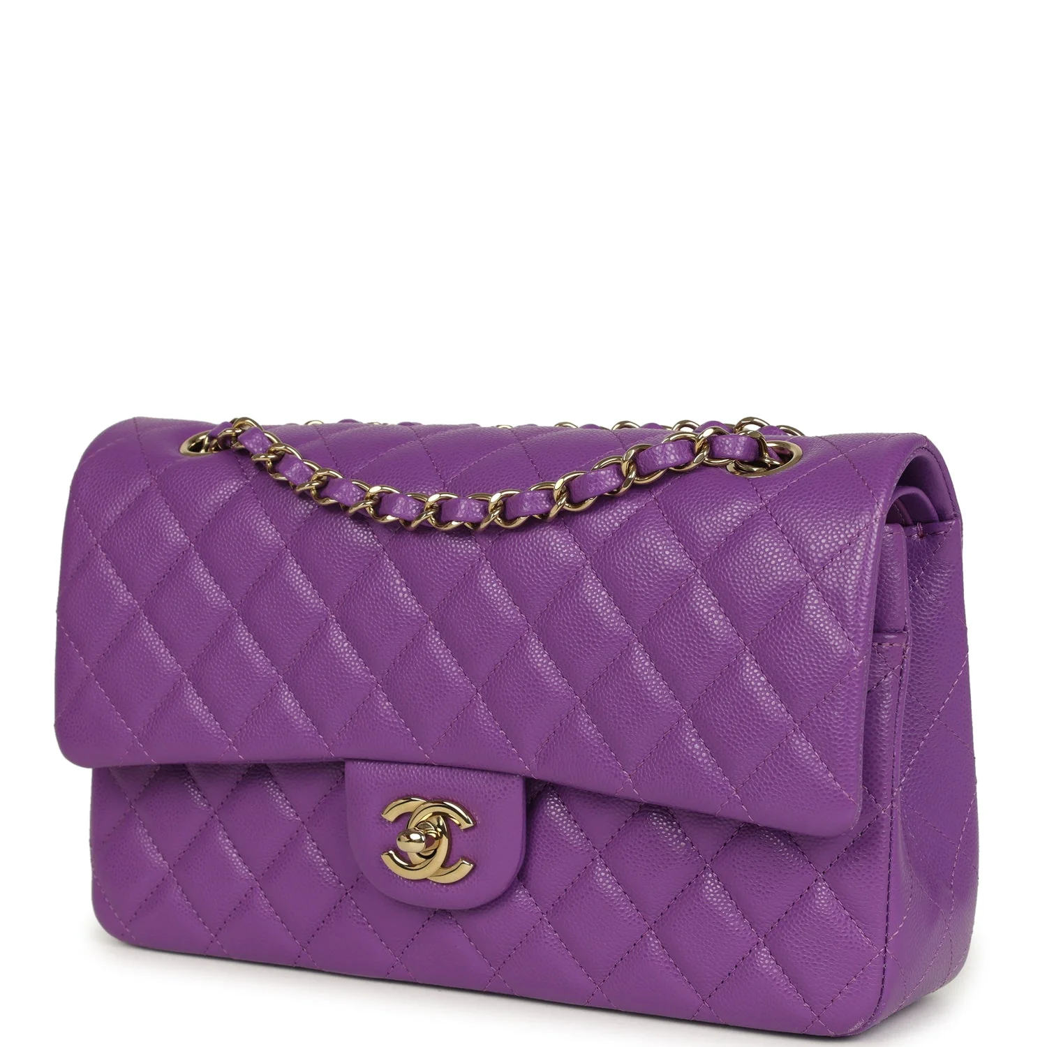 Pre-owned Chanel Medium Classic Double Flap Bag Dark Purple Shiny Caviar Light Gold Hardware