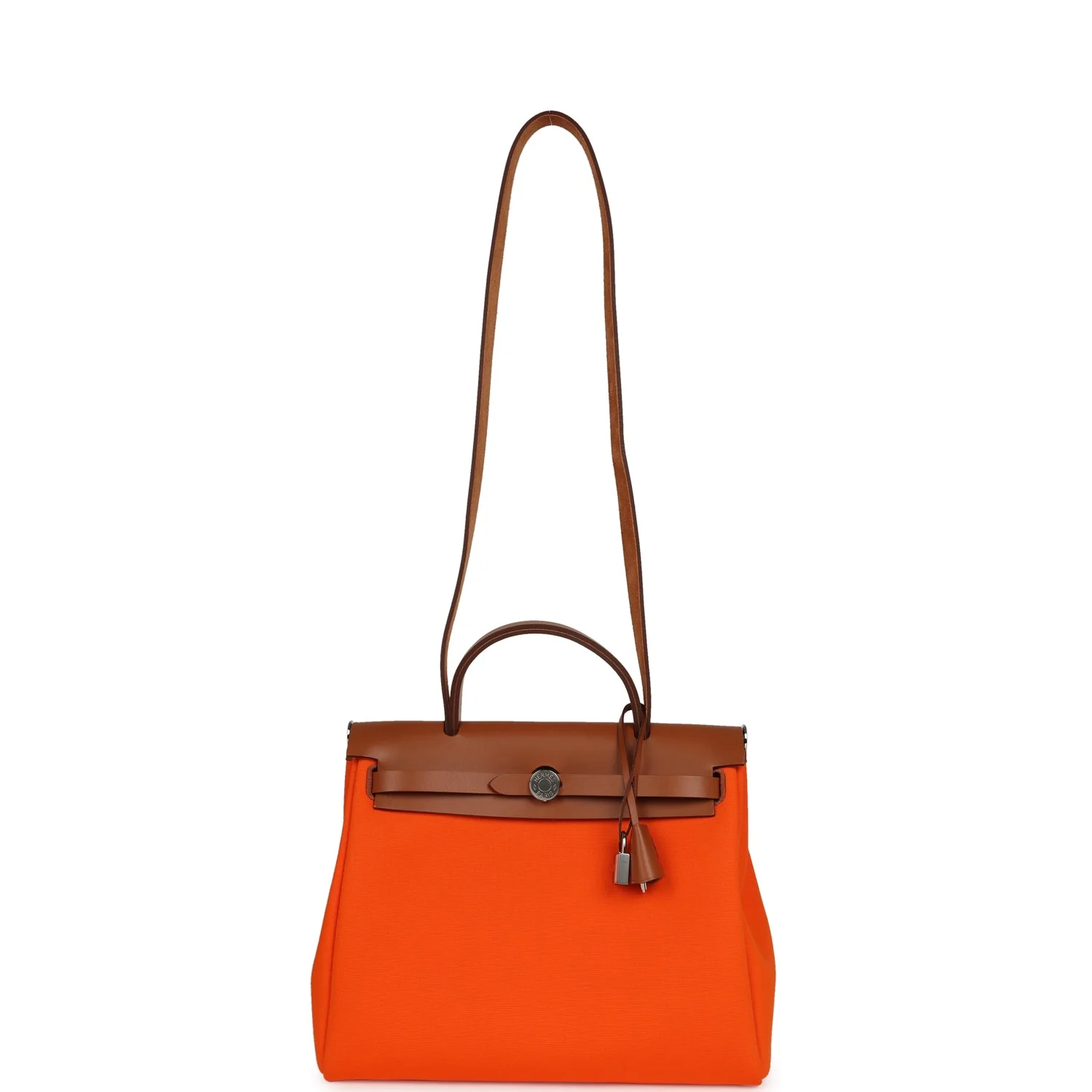 Pre-owned Hermes Herbag Zip PM 31 Orange Minium Toile H Canvas and Fauve Vache Hunter Palladium Hardware