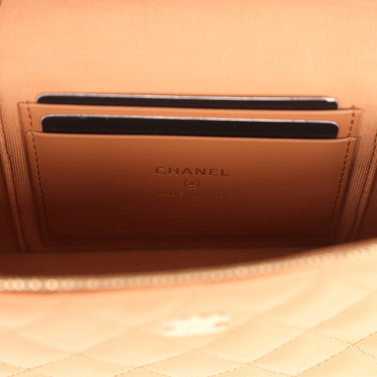 Chanel Top Handle Long Vanity Case with Chain Dark Beige Shiny Caviar Light Gold Hardware
